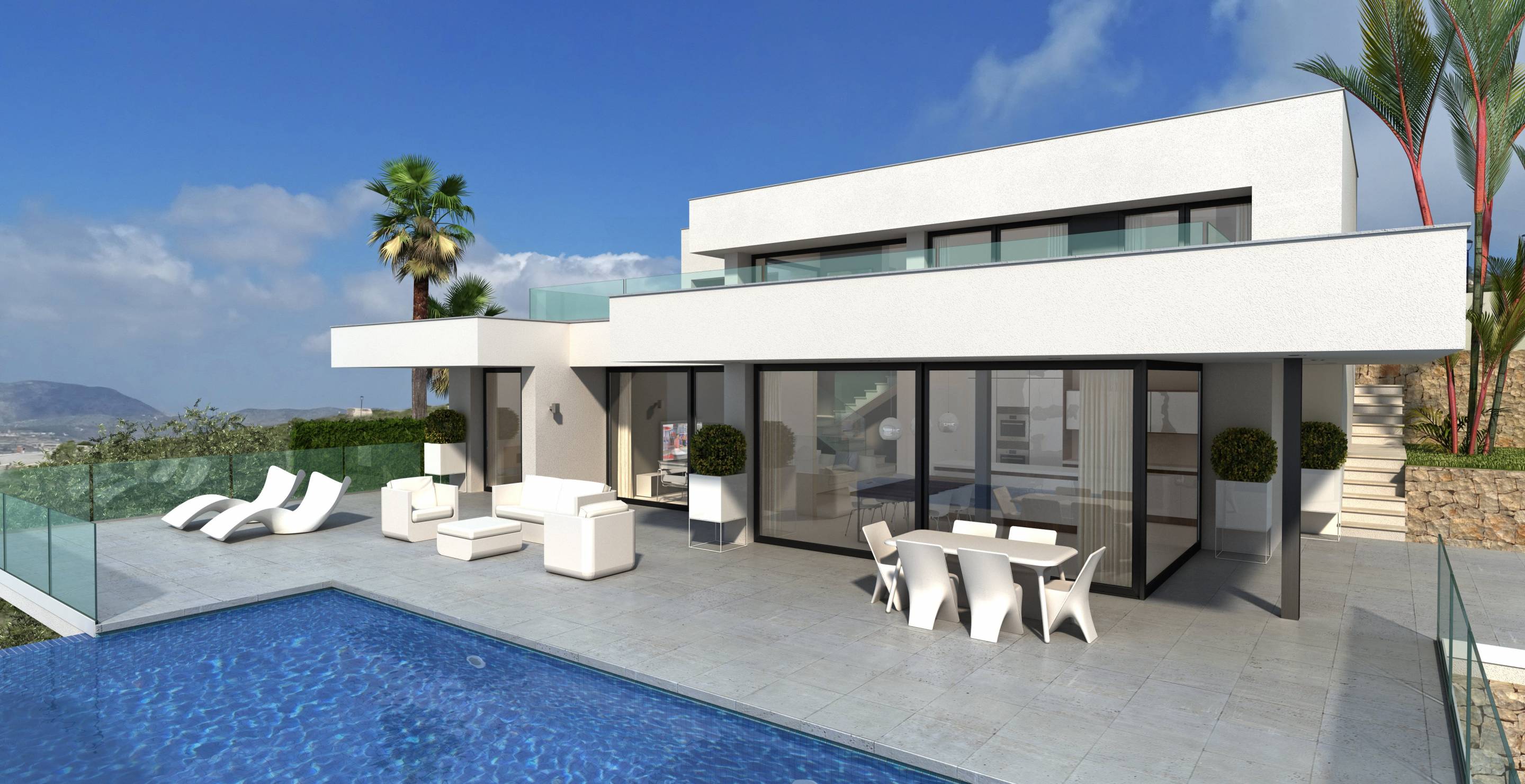 Ground-floor interior space showing porcelain tile flooring, new-build villa, Cumbre del Sol