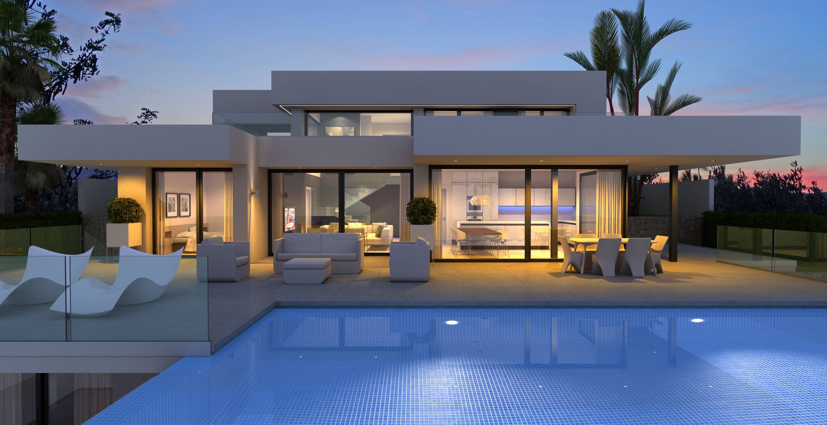 Outdoor landscaped plot and garden area of new-build villa, Cumbre del Sol, Benitachell