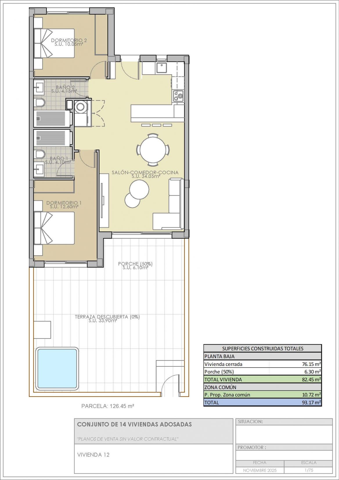 Floor plan of 2-bedroom bungalow in Ciudad Quesada, Rojales - 93m2 layout