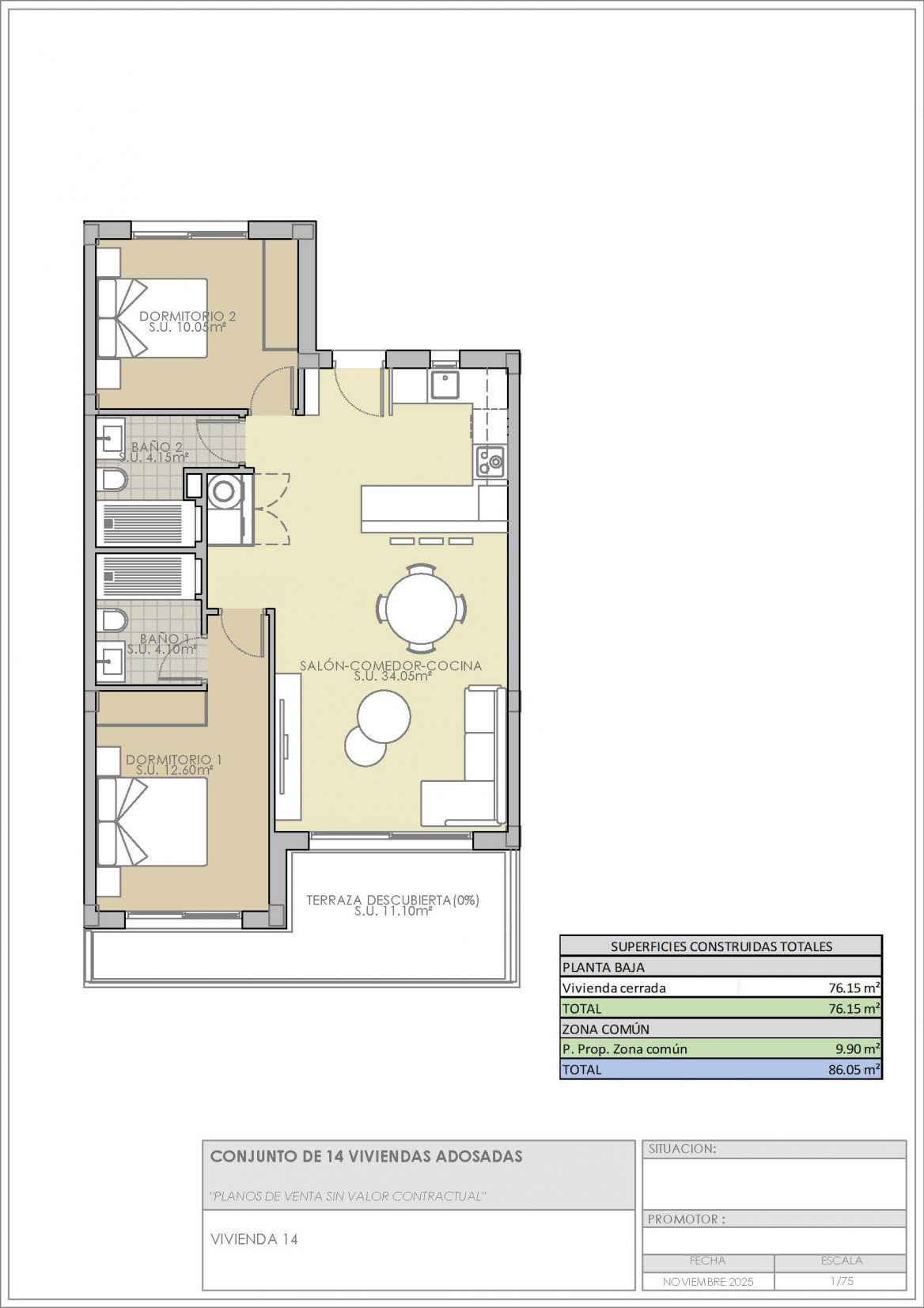 Floor plan of 86 m² 2-bedroom bungalow in Ciudad Quesada, Rojales