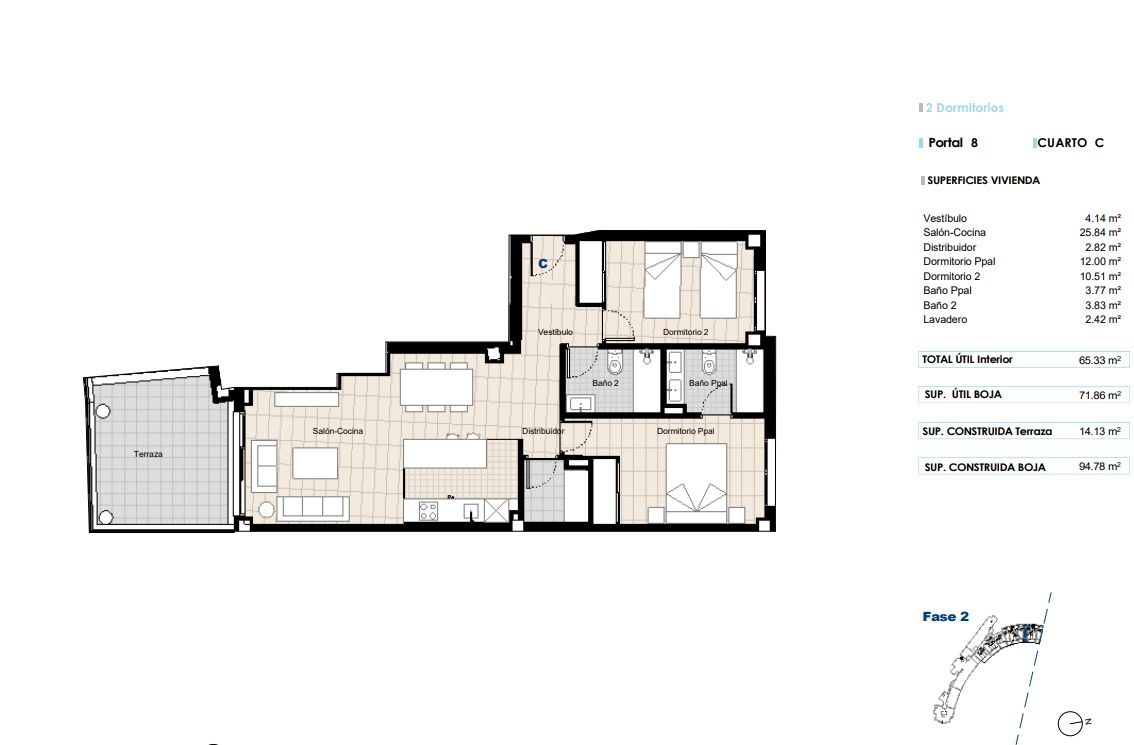 Floor plan showing layout of 2-bedroom penthouse on fourth floor, Chullera, Manilva