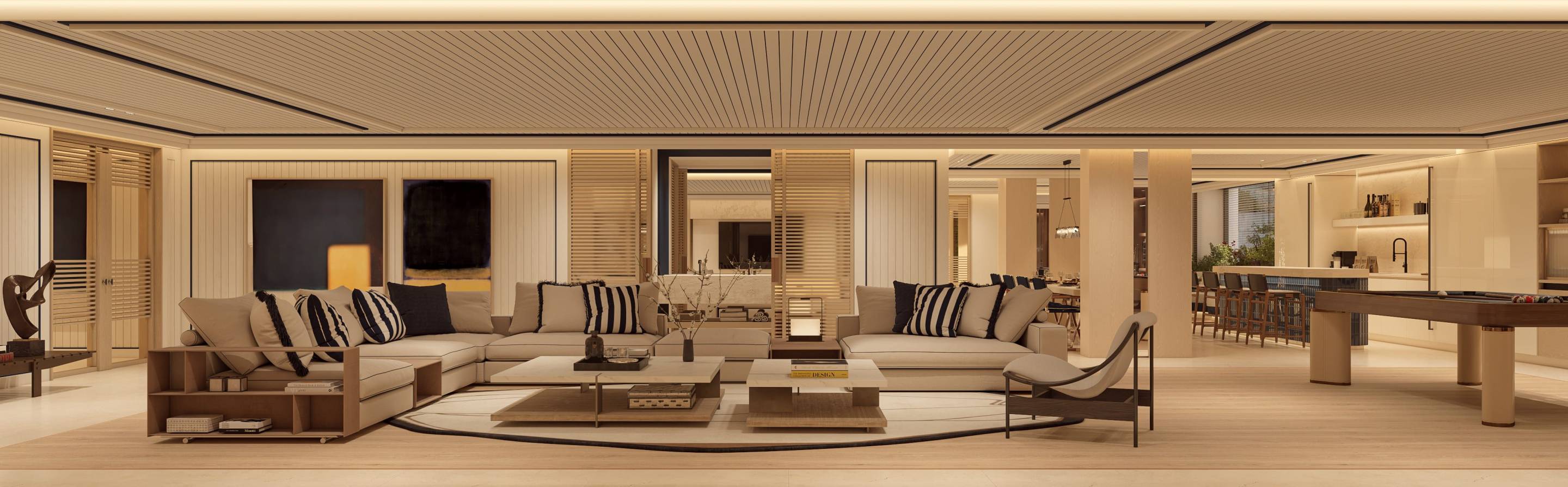 Open-plan living and dining space in new-build apartment, Seghers