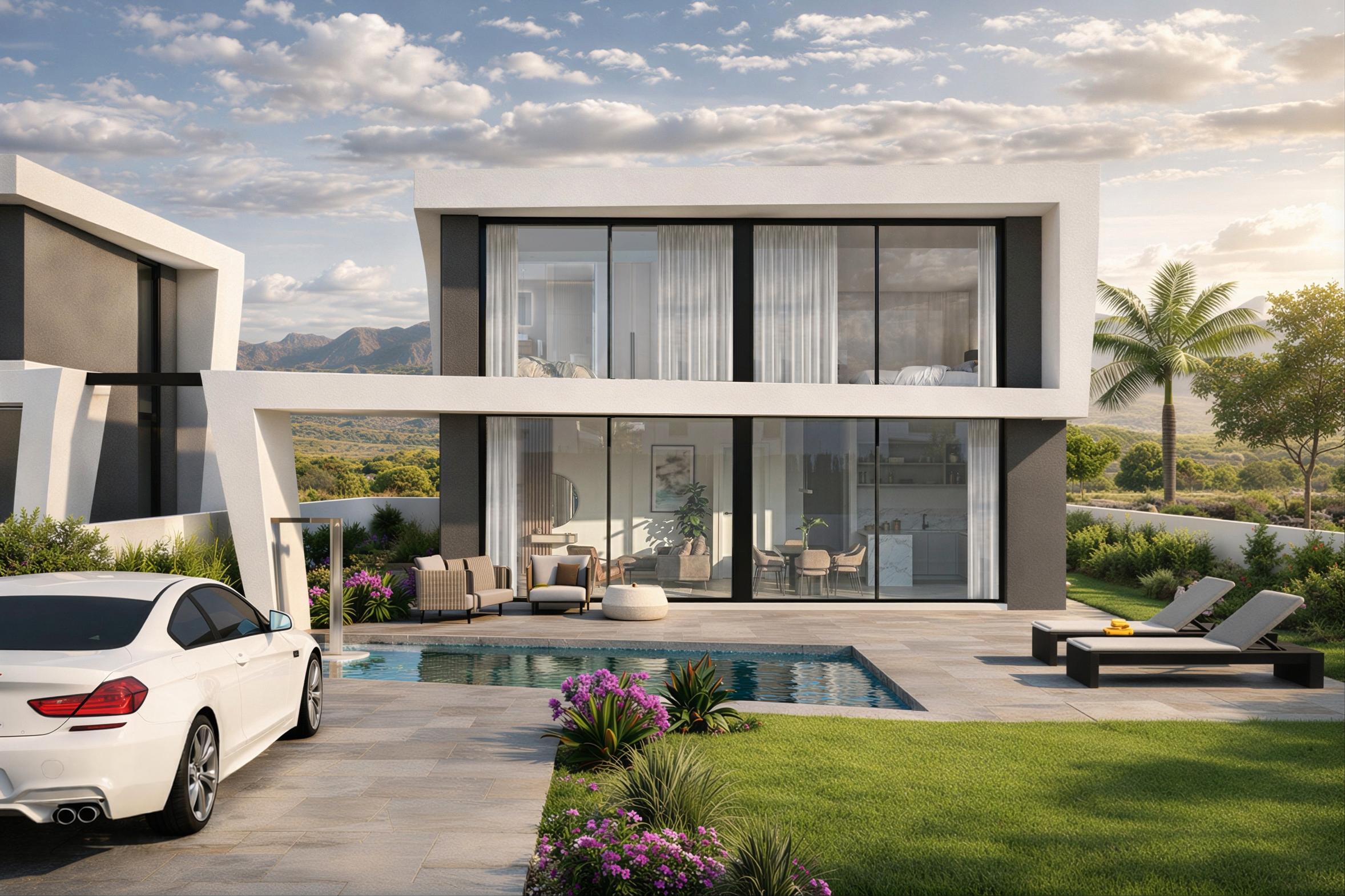 Private pool and garden of 2-bedroom new-build villa in Monte y Mar, Gran Alacant