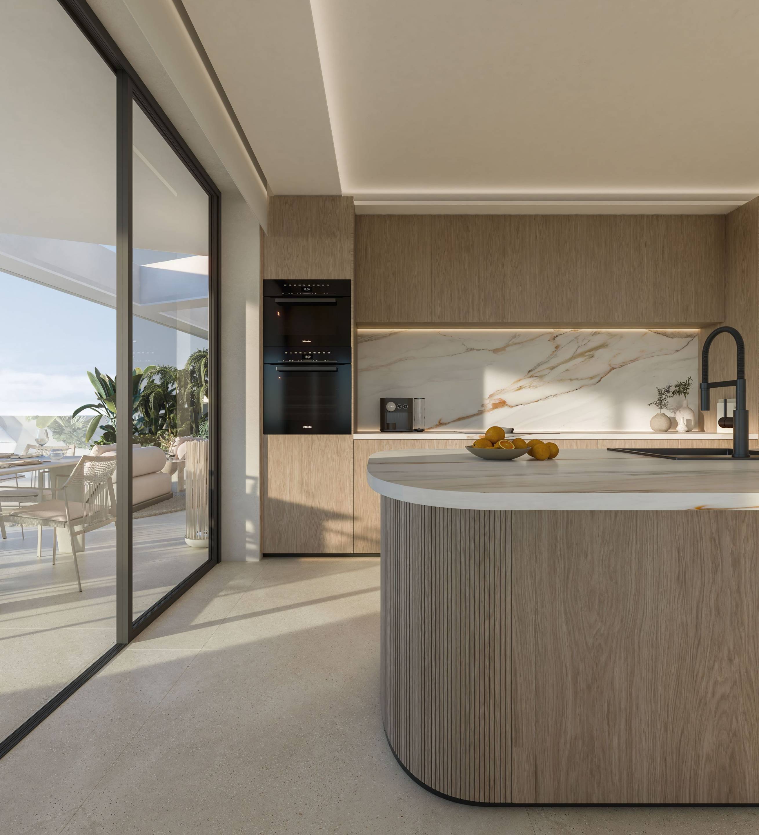 Kitchen island and cabinetry in new-build apartment, Los Flamingos, Estepona