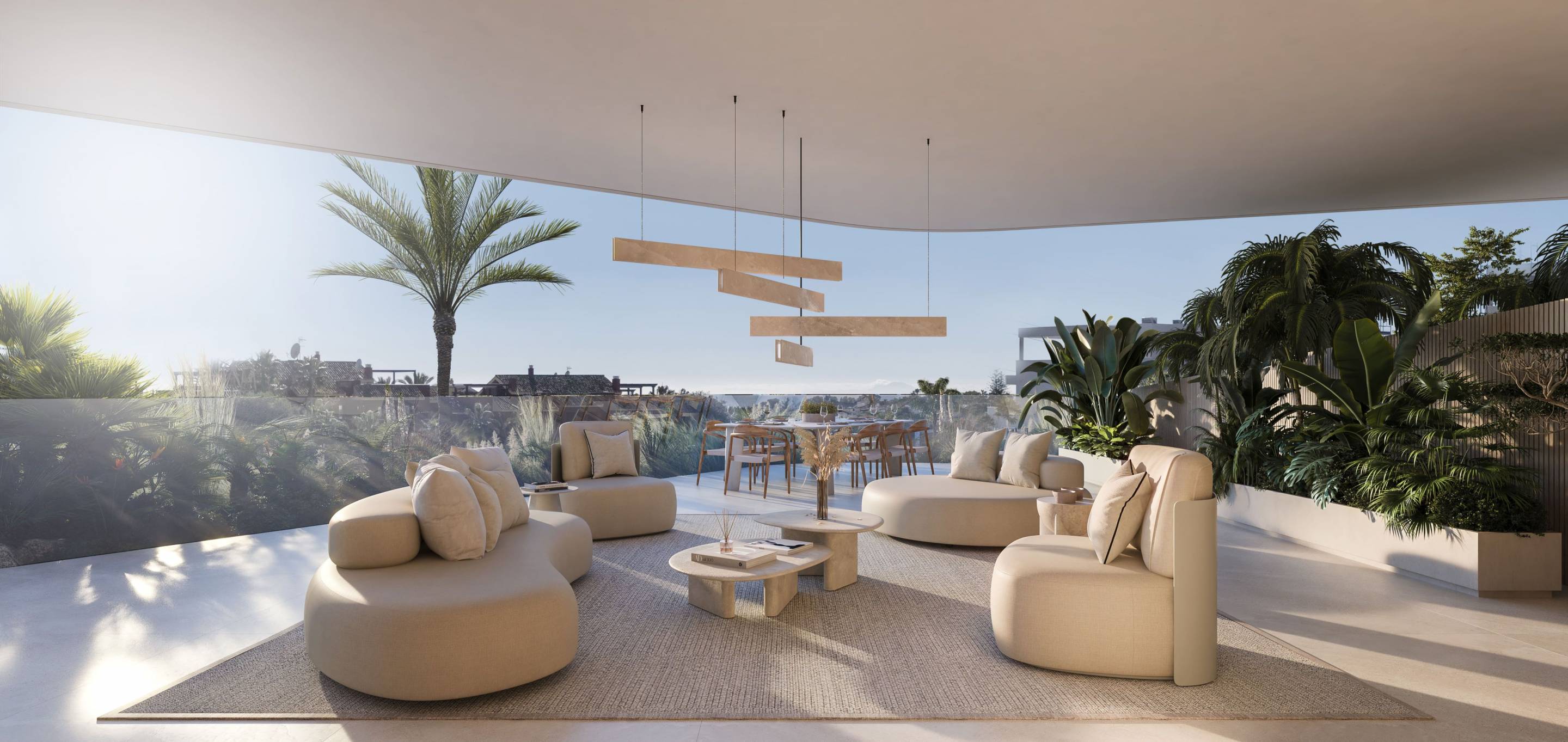 Pool terrace and sunlounger area in Los Flamingos residential complex