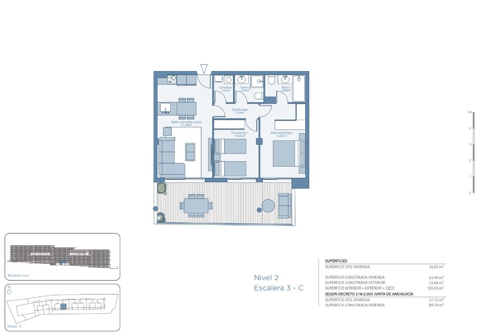 Floor plan of 2-bedroom 104 m2 new-build apartment, Los Boliches, Fuengirola