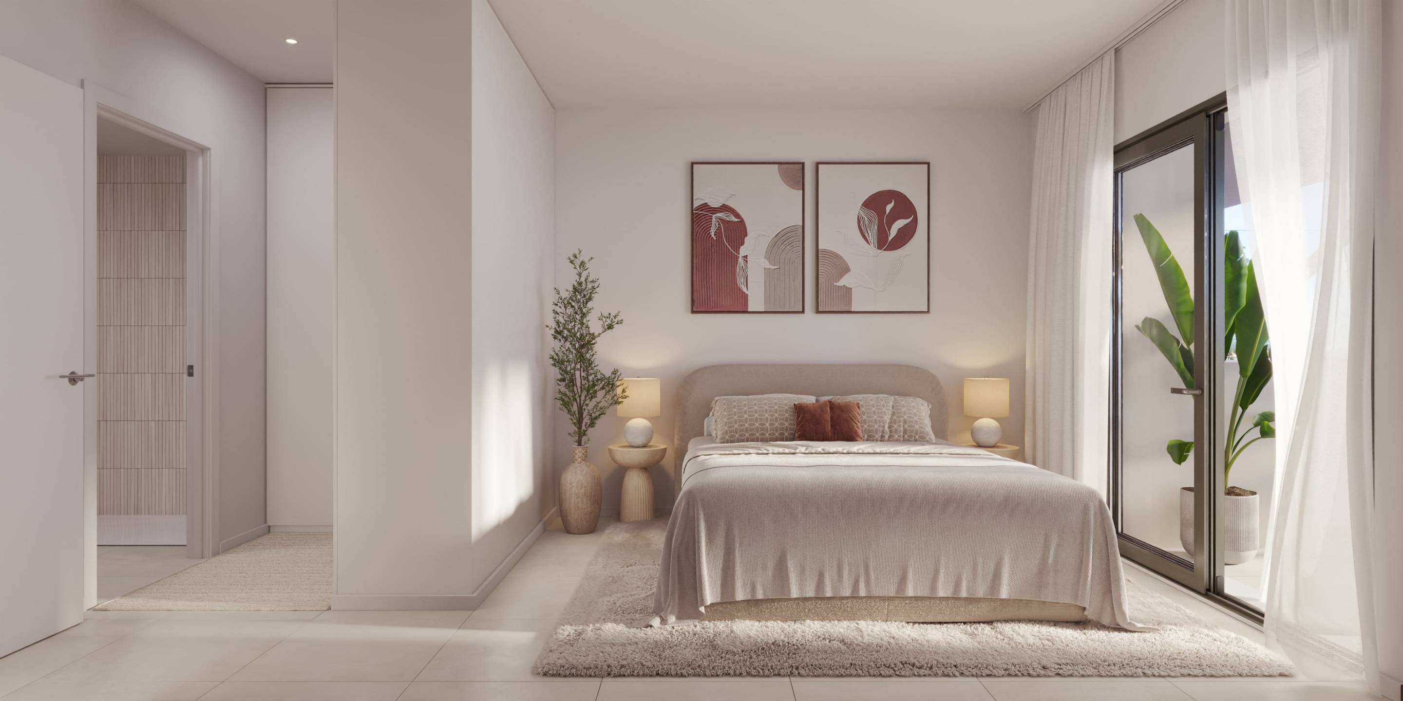 Porcelain stoneware flooring detail in living space, new-build apartment, Los Boliches