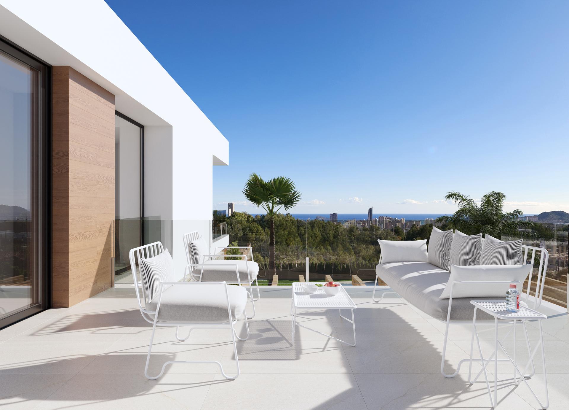 Interior render of bedroom with fitted finish, new-build villa, Finestrat Hills
