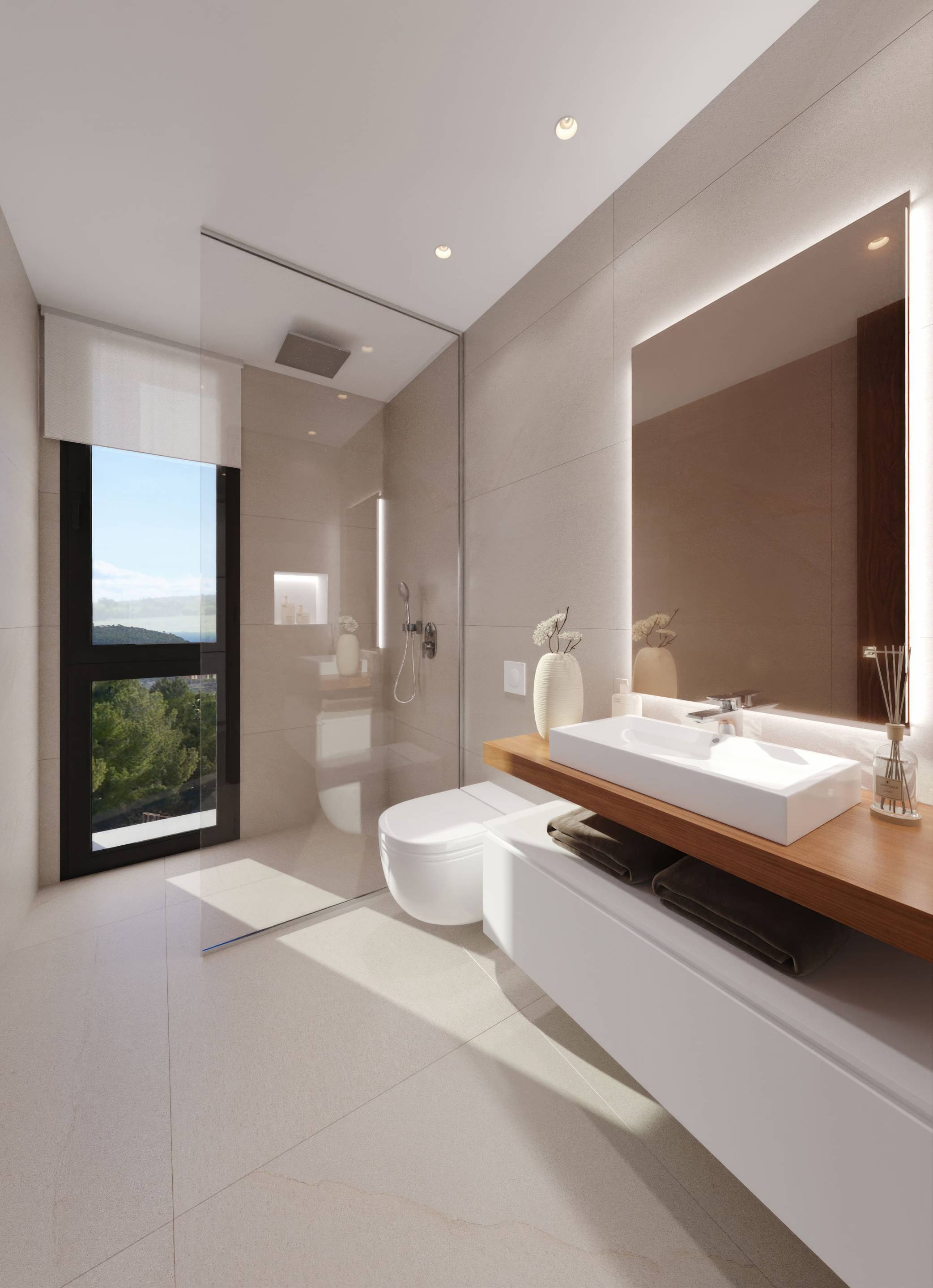 Open-plan living and dining area with glazed terrace doors in new-build villa, Finestrat Hills