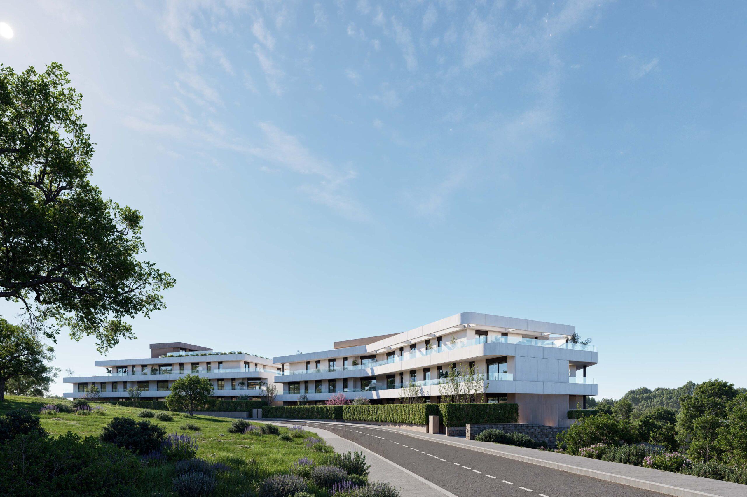 Communal pool area in new-build residential development, Estepona Golf