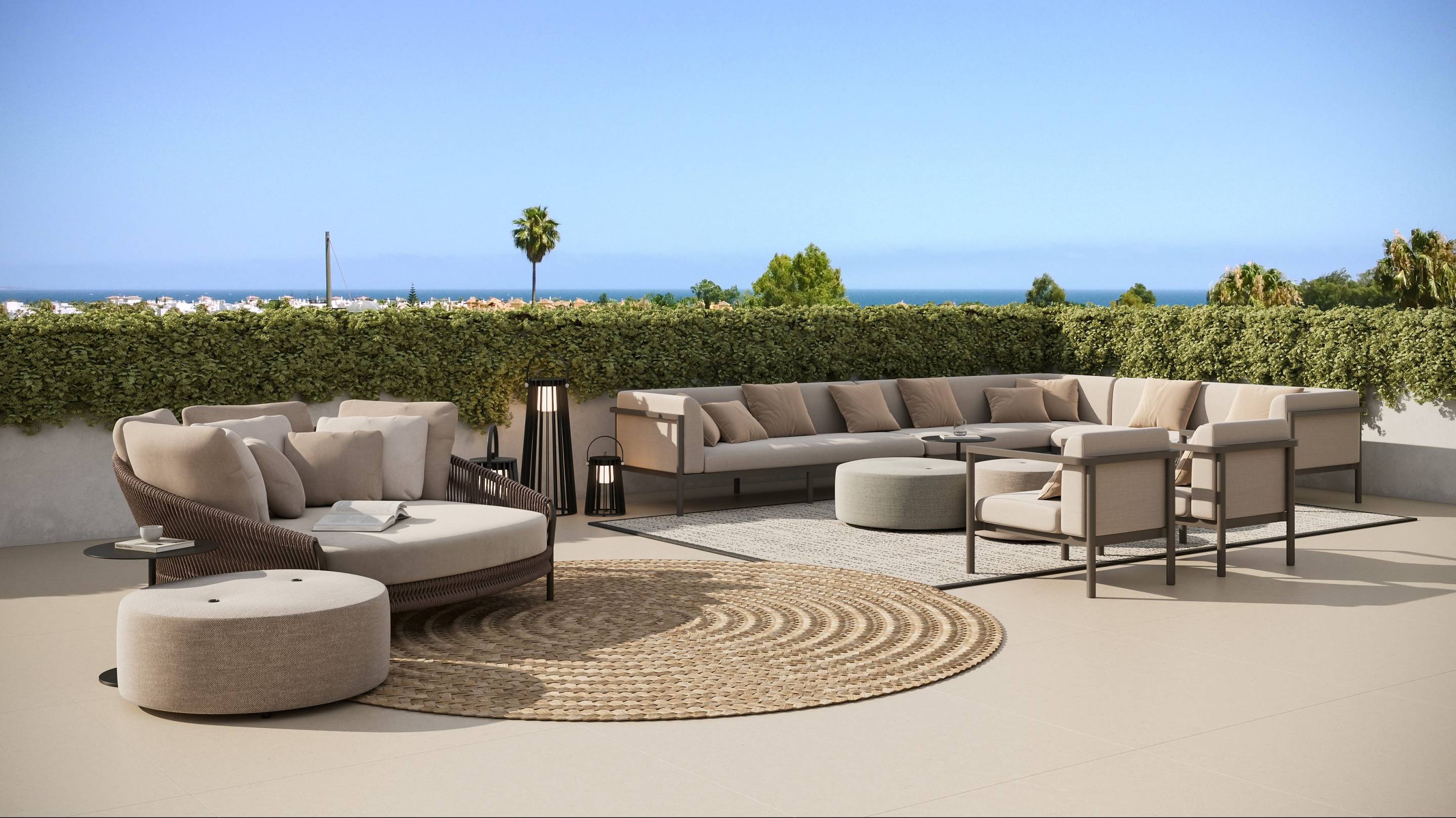 Poolside paving and surround at new-build development, San Pedro, Marbella
