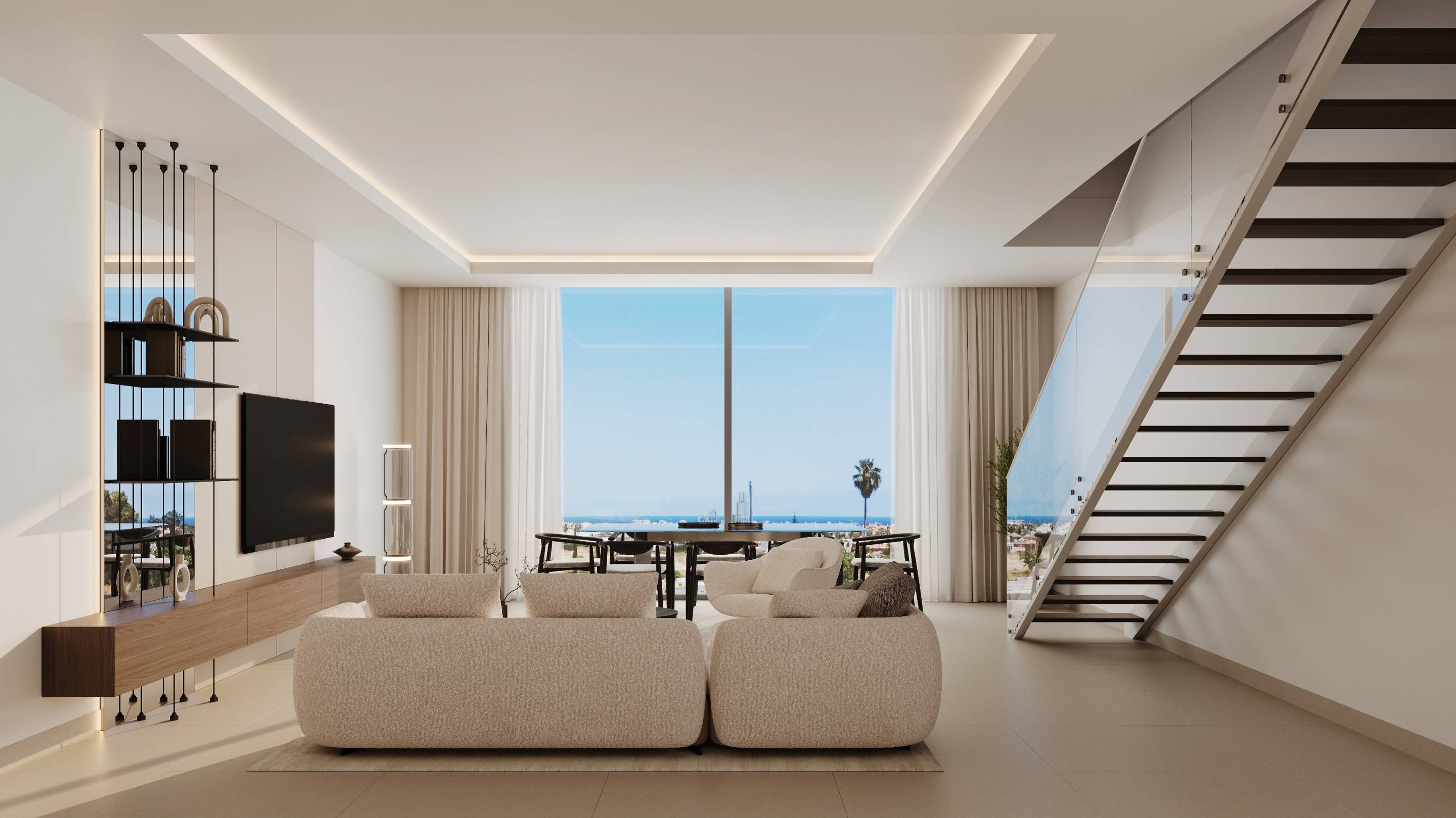 Communal pool with sunbathing area and loungers at San Pedro development, Marbella