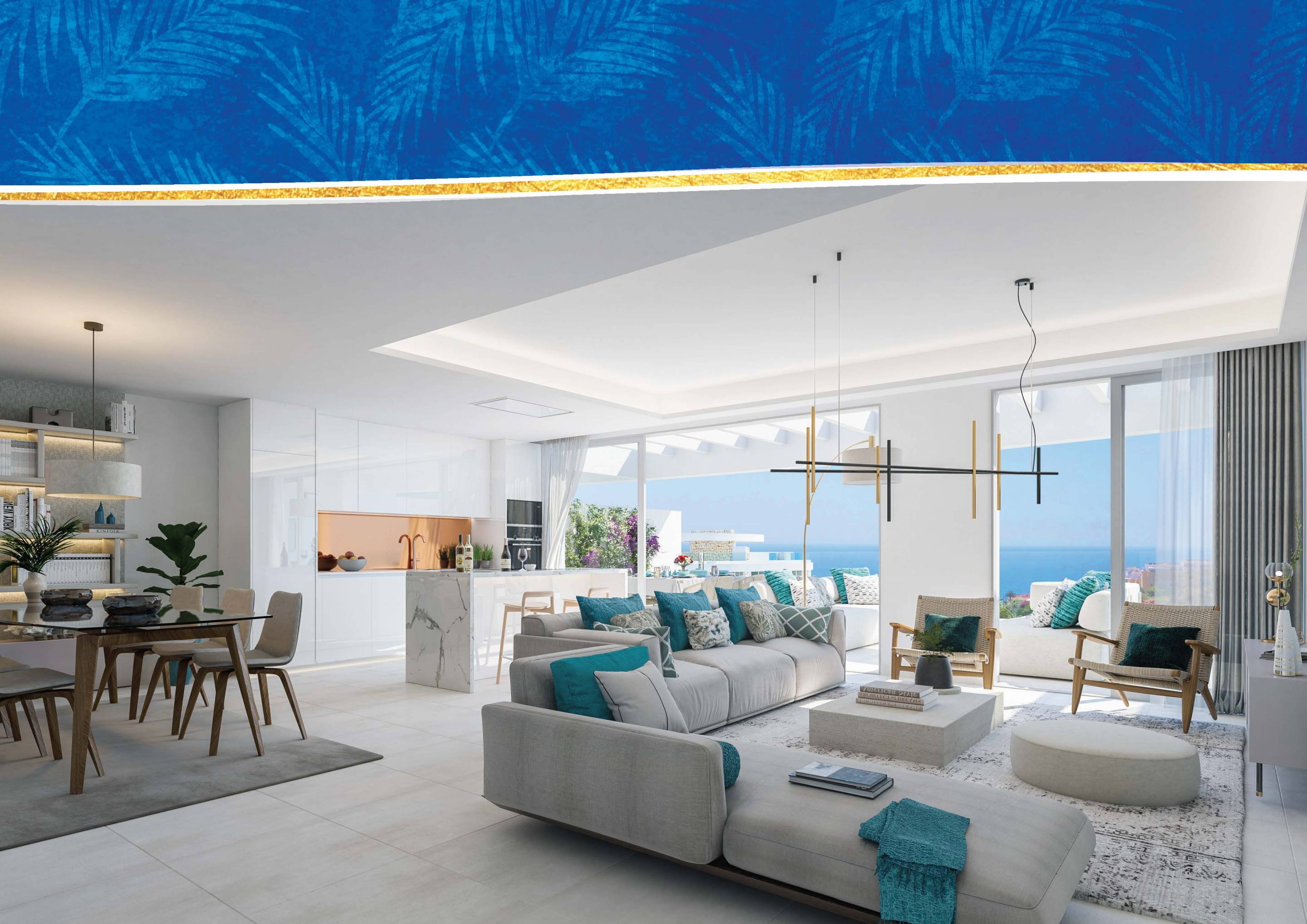 Living area with full-height glazed doors in new-build penthouse, La Cala de Mijas