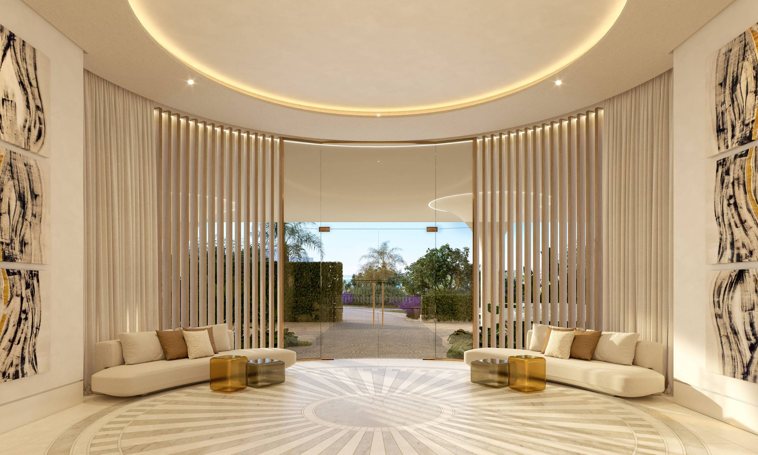 Pool terrace with sun lounger area in Los Llanos new-build development, Estepona