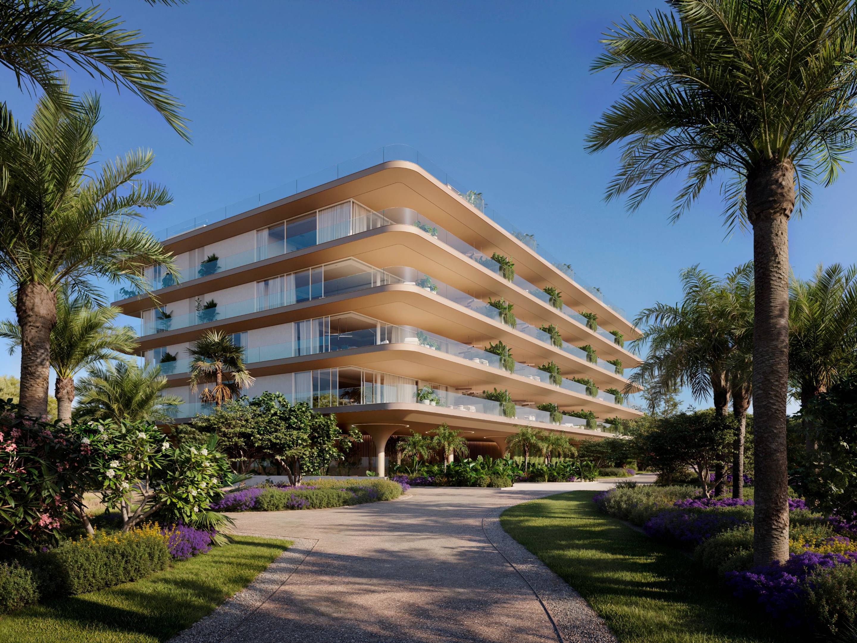 Exterior of new-build apartment building at dusk, Los Llanos, Estepona