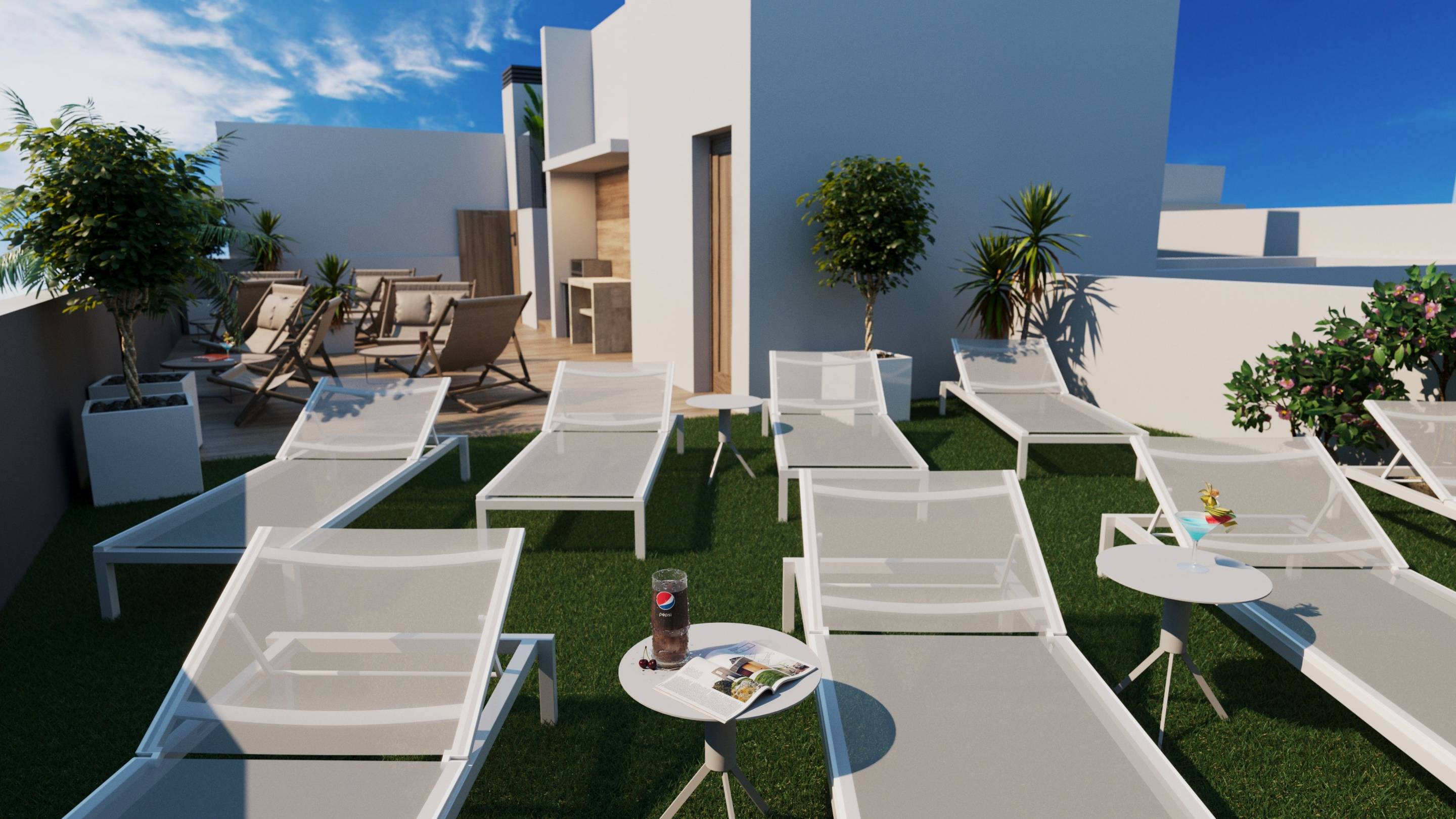 Overhead view of communal pool and surrounding decking, new-build development, Torrevieja