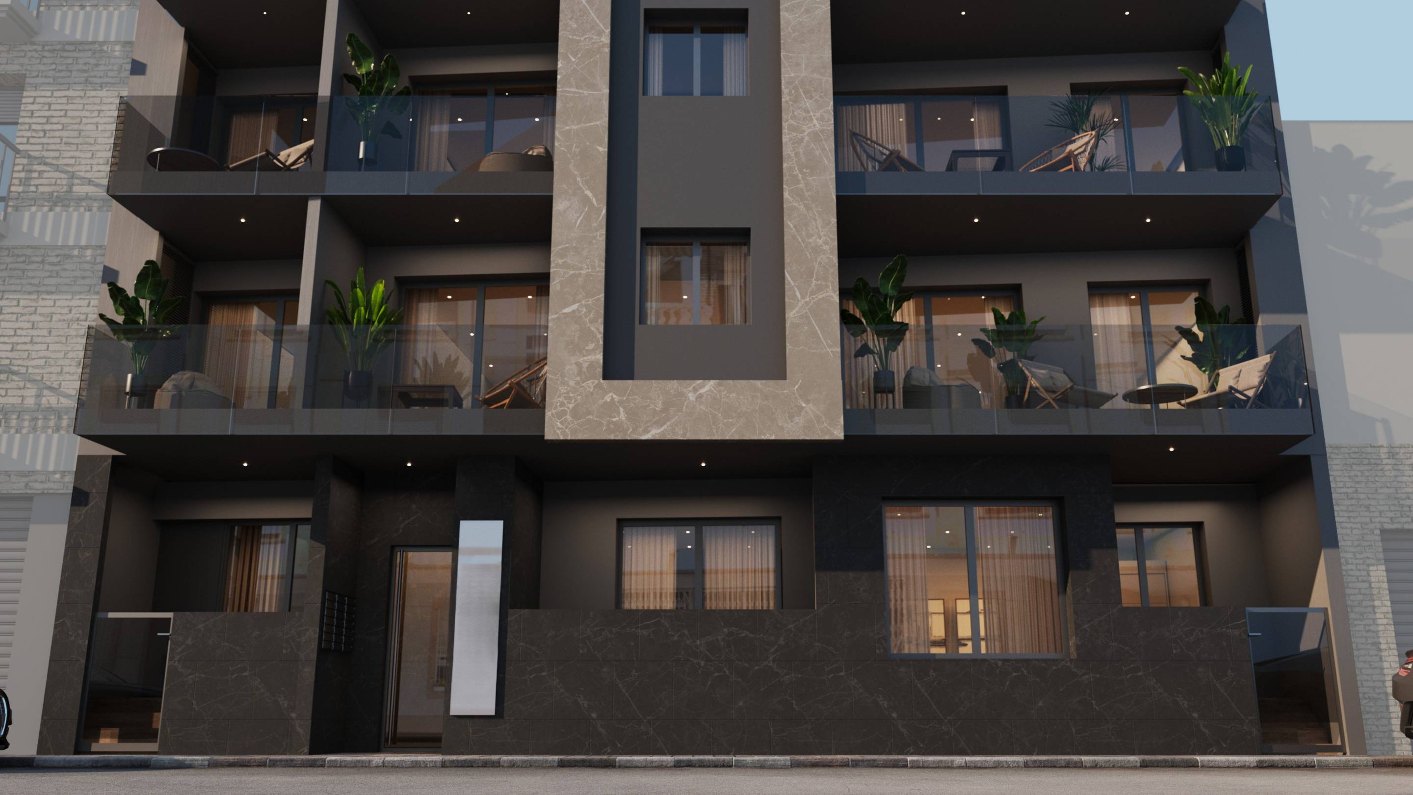 Night-time exterior of new-build residential building, Estación de Autobuses, Torrevieja