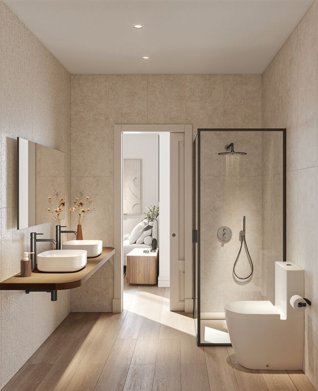 Open-plan living and dining area in 3-bedroom new-build apartment, Puerto Sol-Los Almendros, Málaga