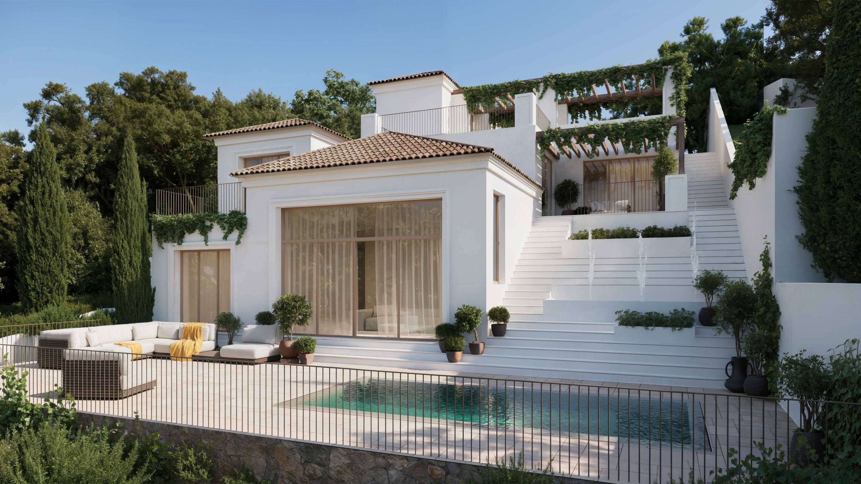 Plot boundary and surrounding greenery at villa in Hacienda Elviria