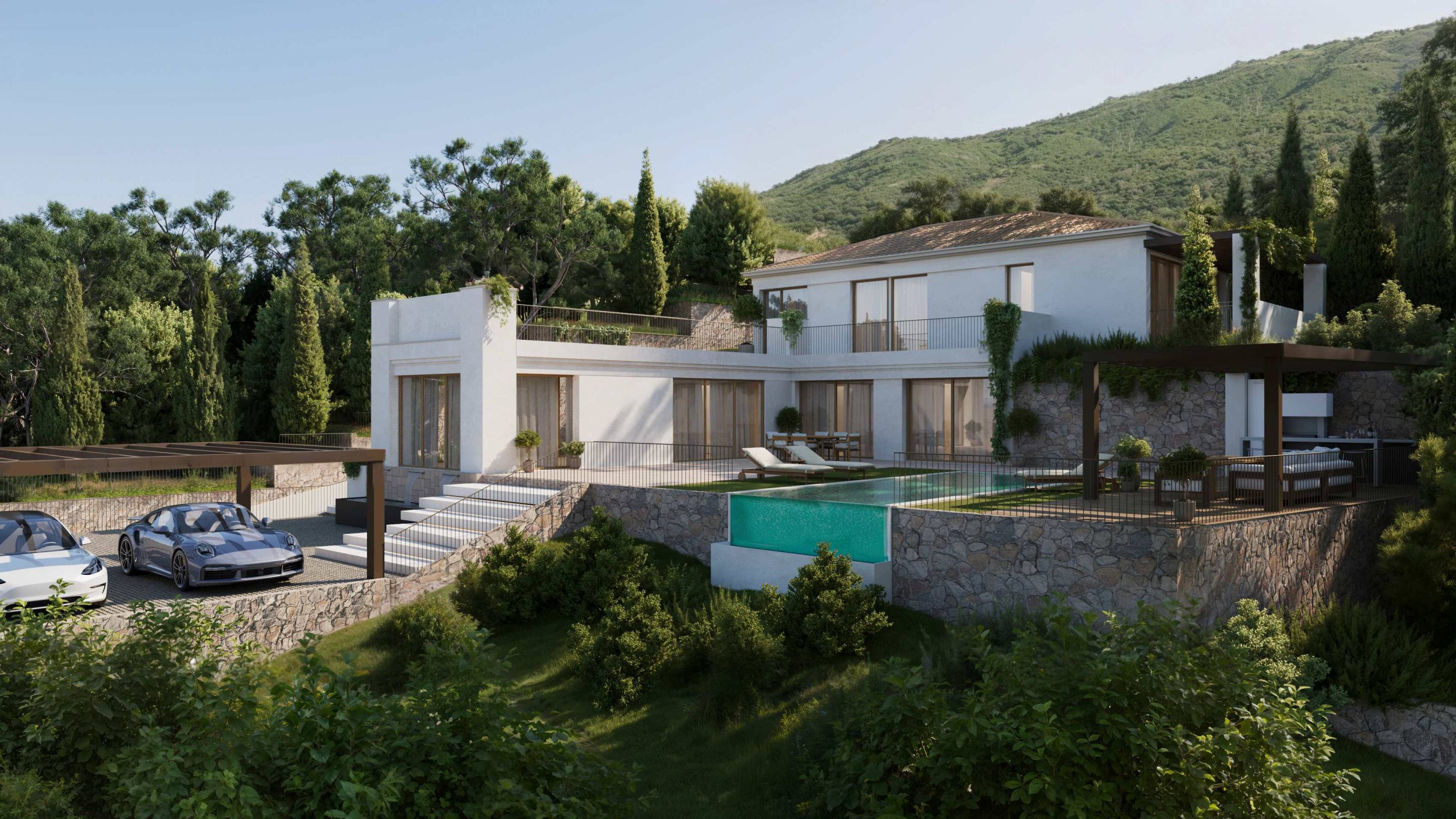 Upper-level or roof terrace view from villa in Hacienda Elviria