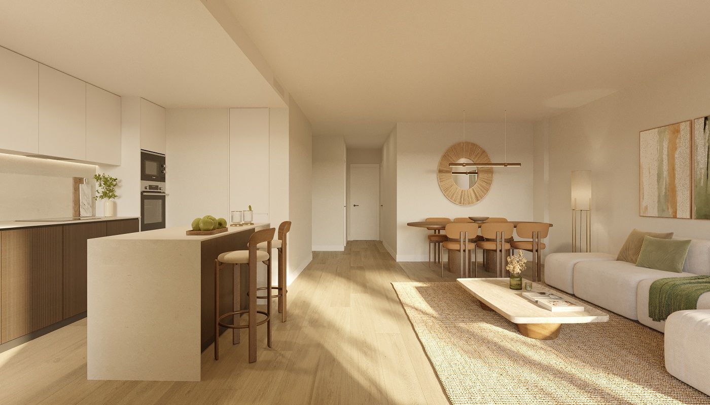 Open-plan living area in 2-bedroom new-build apartment, Hipódromo-Cerrado del Águila, Mijas