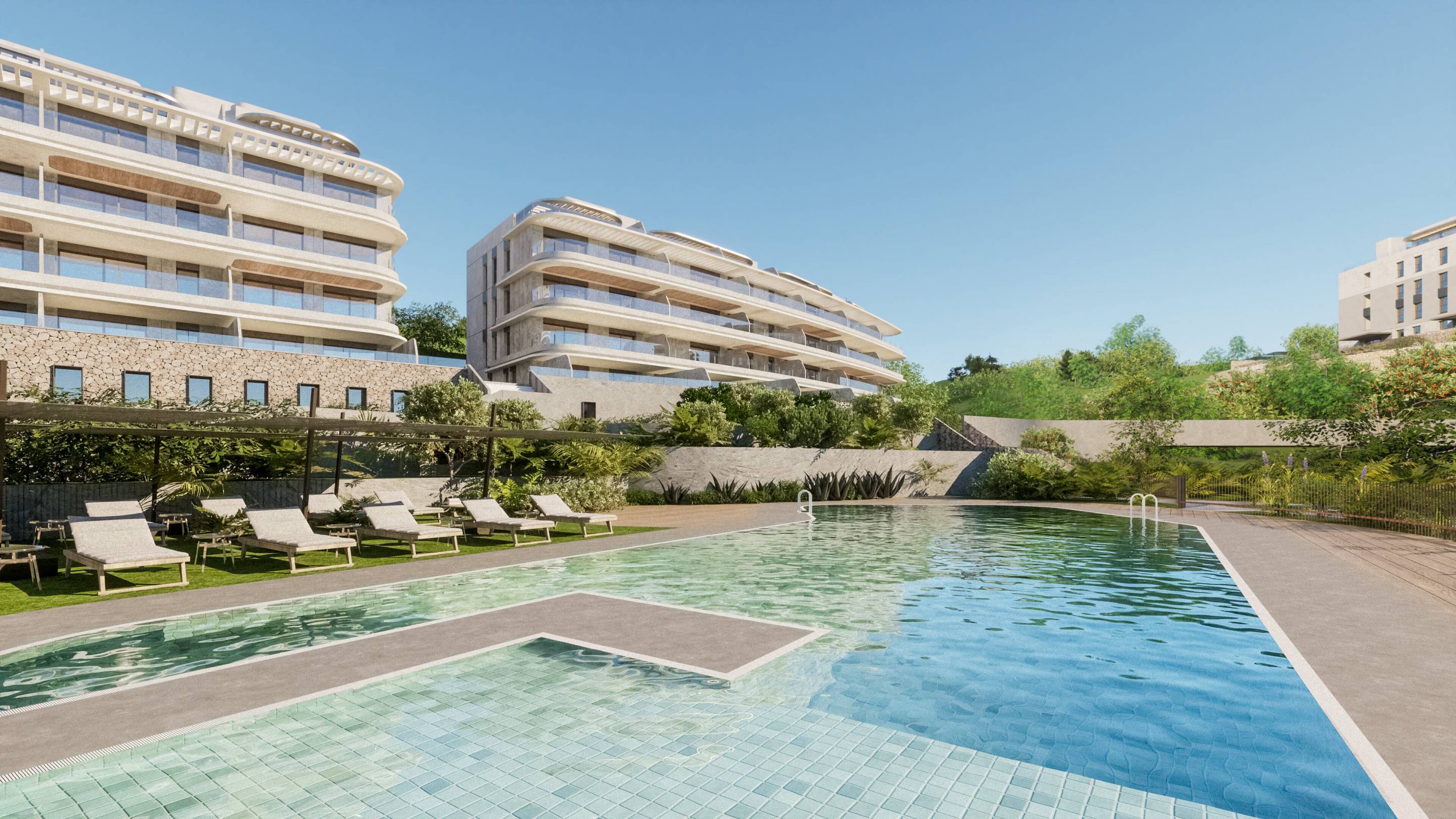 Communal pool area in new-build development, Hipódromo-Cerrado del Águila, Mijas