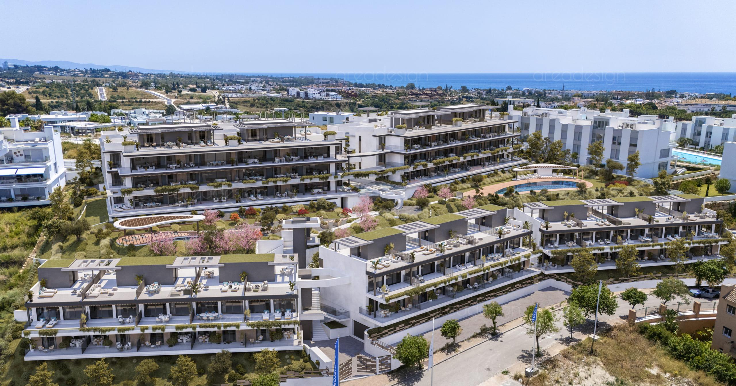 Open-plan living and dining area in 2-bedroom new-build penthouse, Cancelada, Estepona