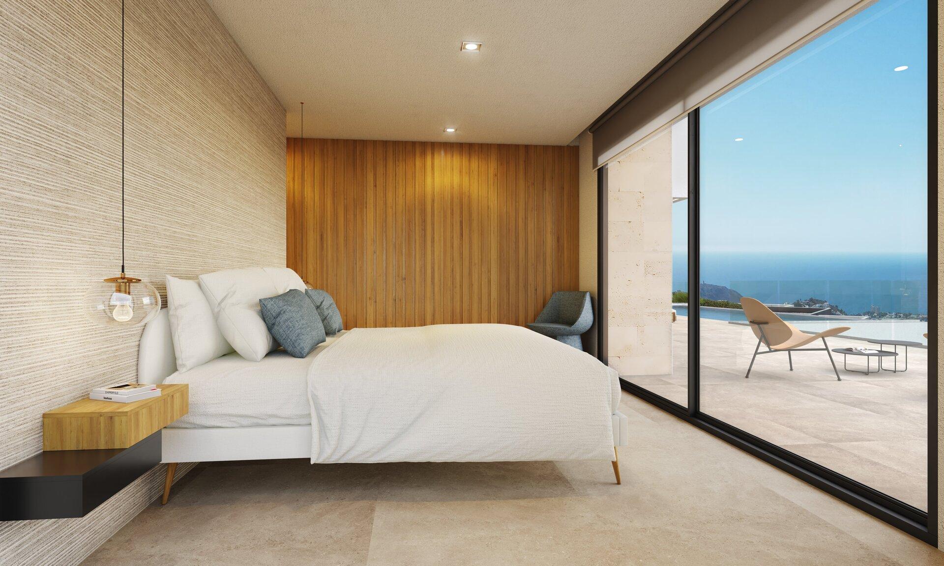 Master bedroom with built-in wardrobes in new-build villa, Cumbre del Sol, Benitachell