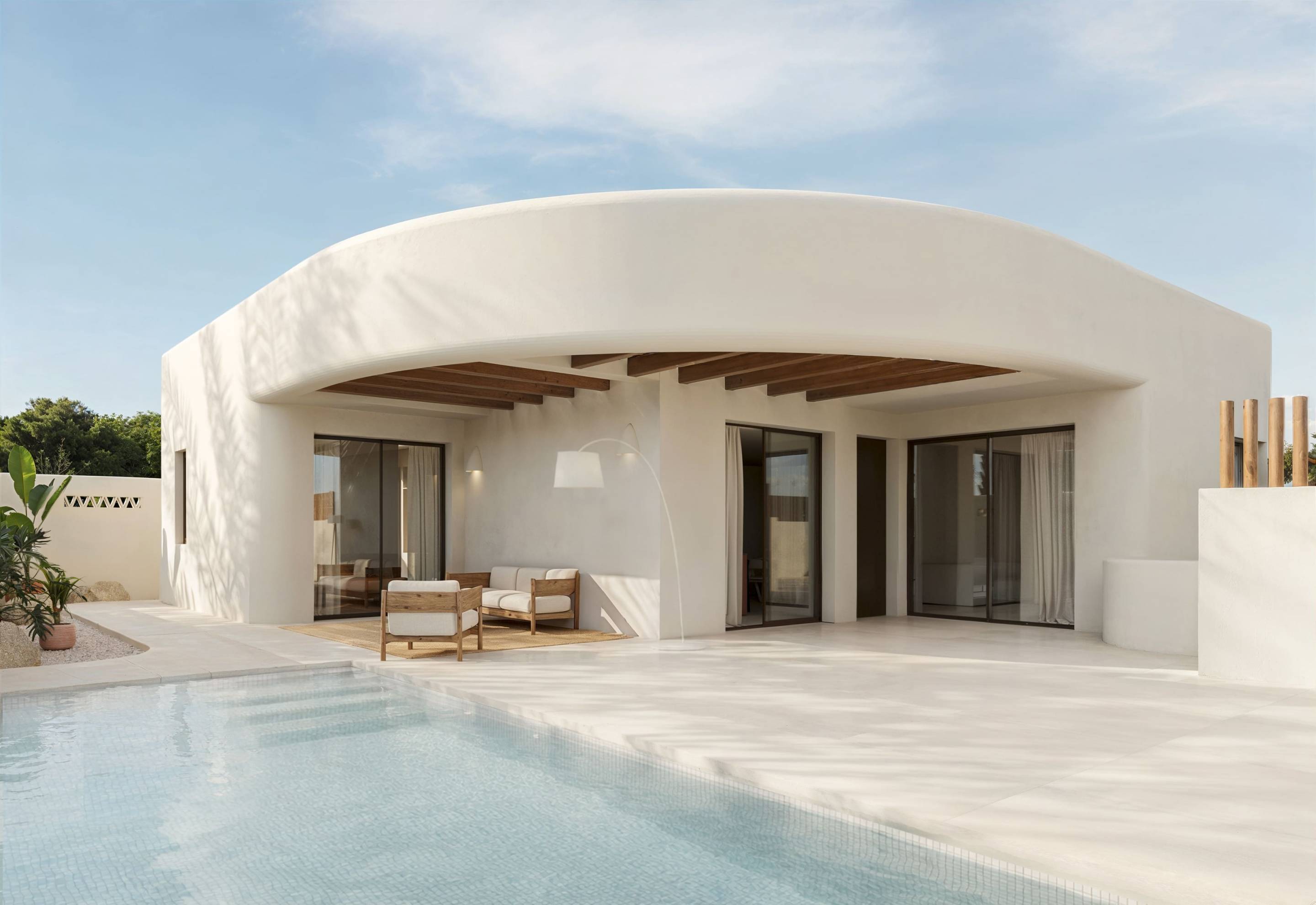 Pool and garden viewed from terrace, new-build villa, Algorfa