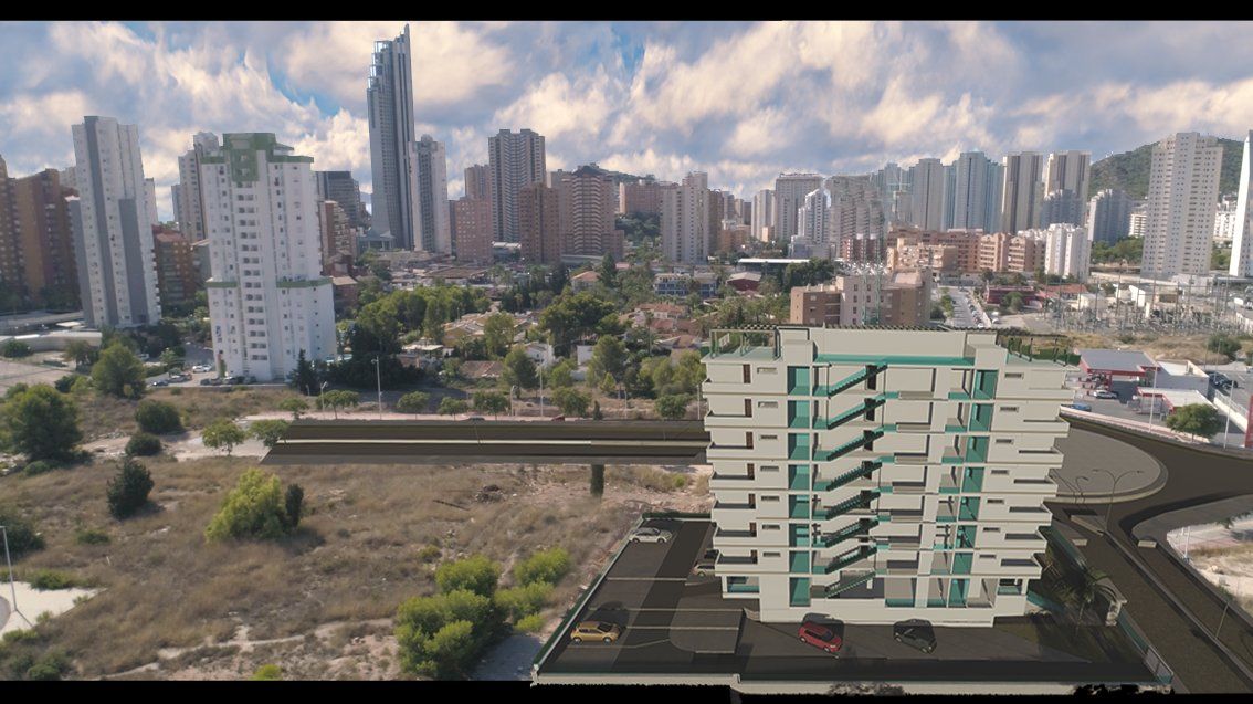 Rendered facade detail of new-build apartment block, Seascape Resort, Finestrat