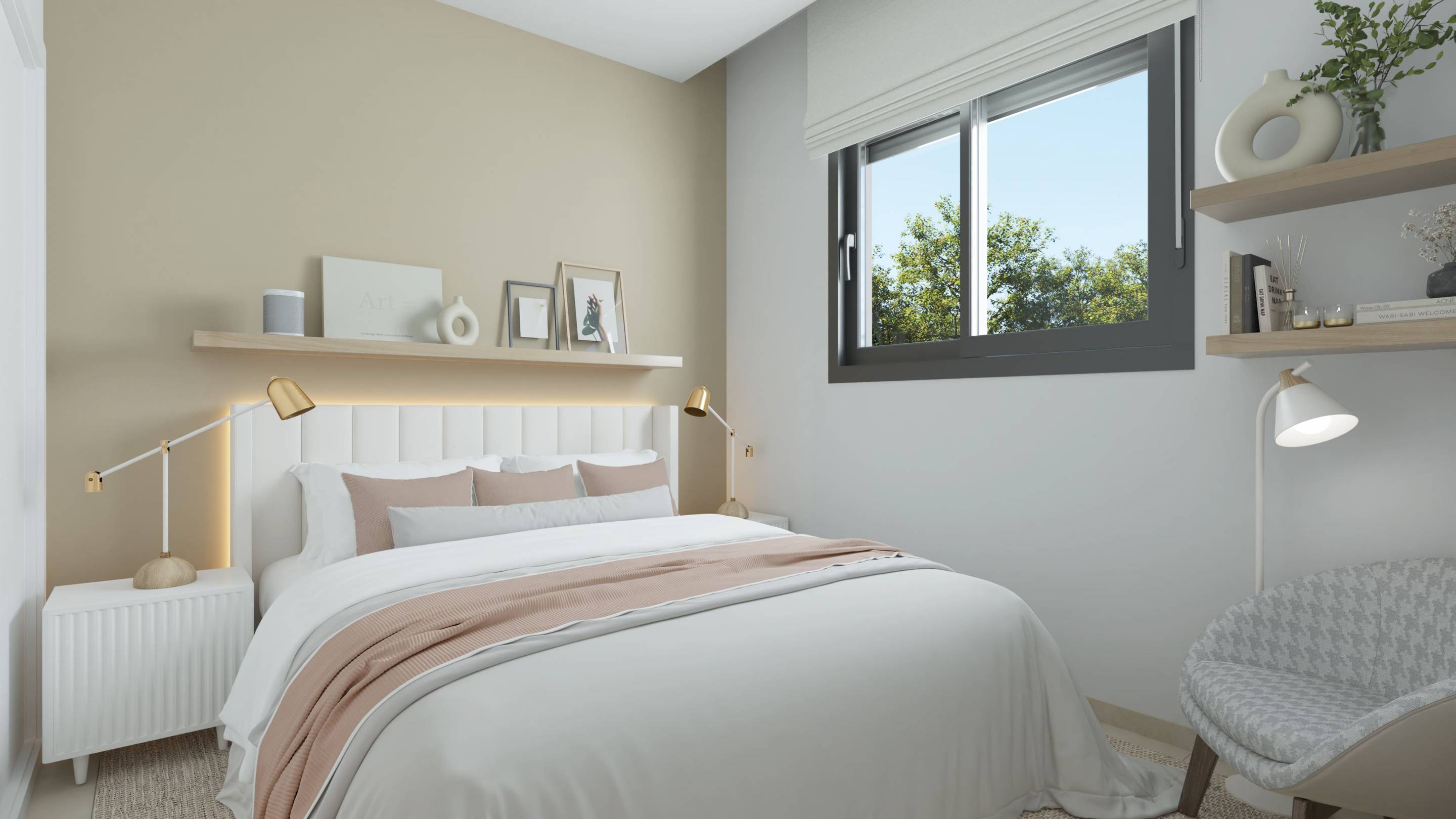 Bedroom with window view in new-build townhouse, Calaburra, Mijas
