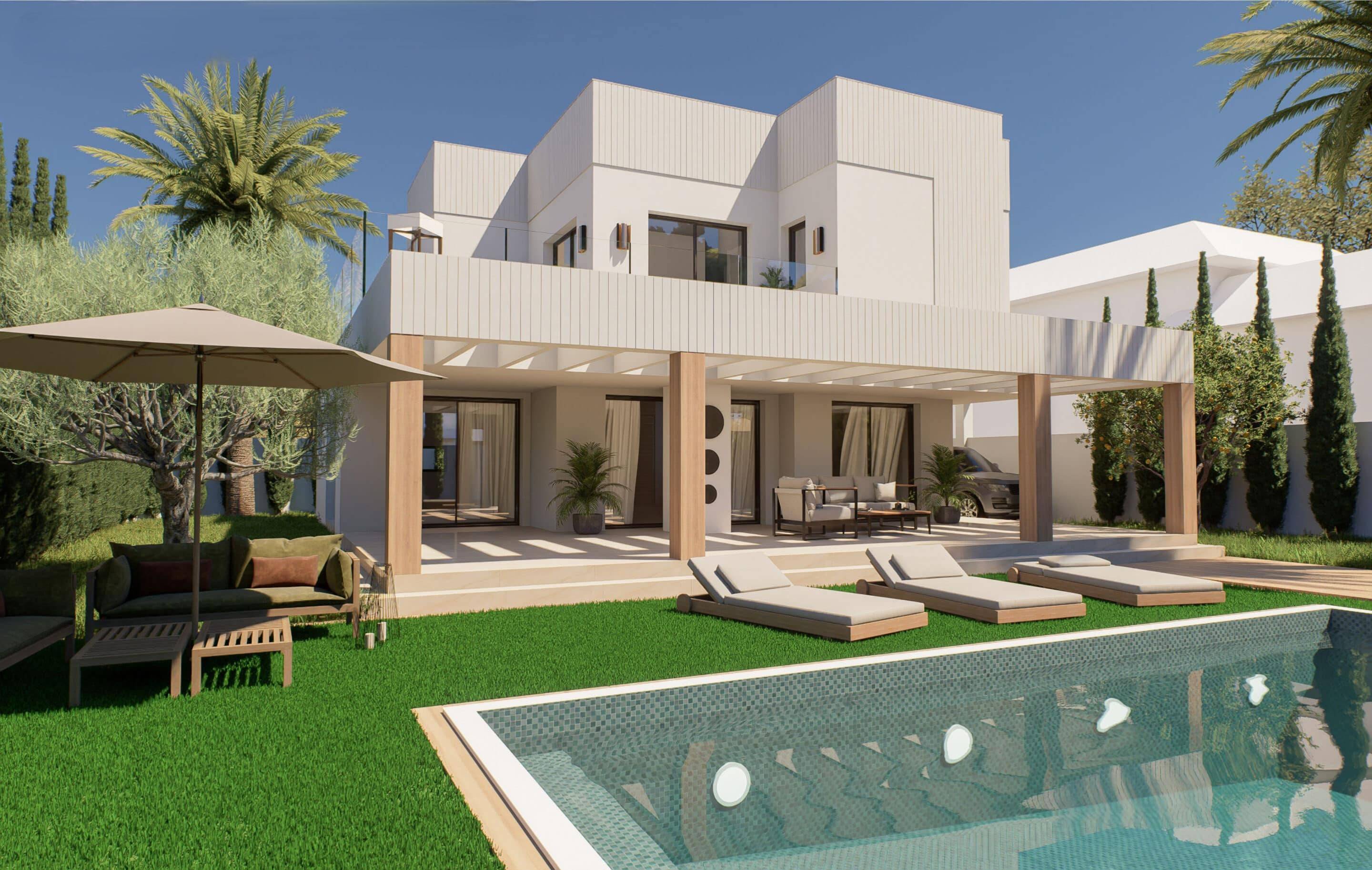 Covered pergola with outdoor dining area alongside pool, new-build villa, Doña Pepa, Rojales