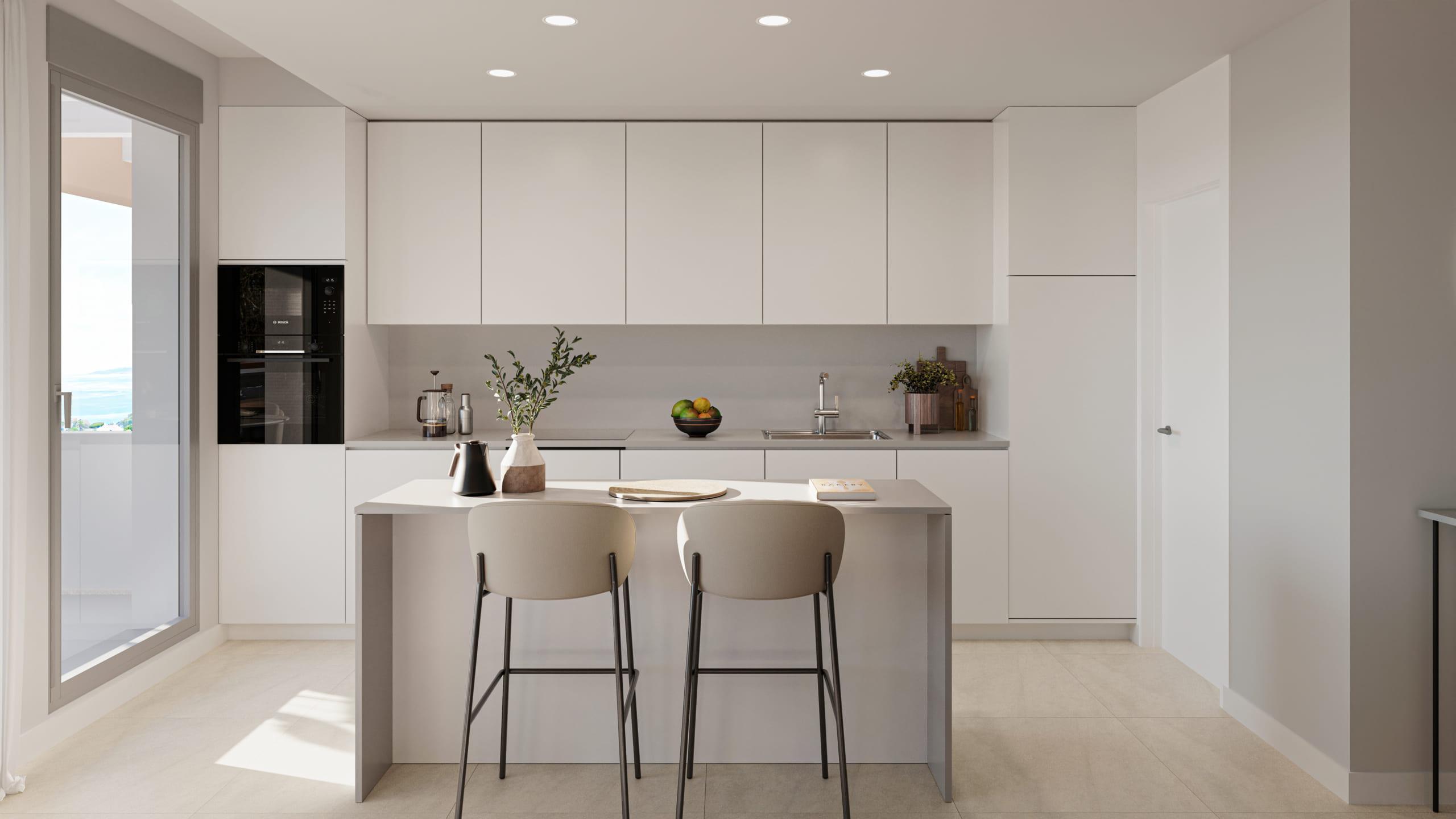 Fitted kitchen with white units and integrated appliances in 2-bedroom new-build apartment, Las Mesas