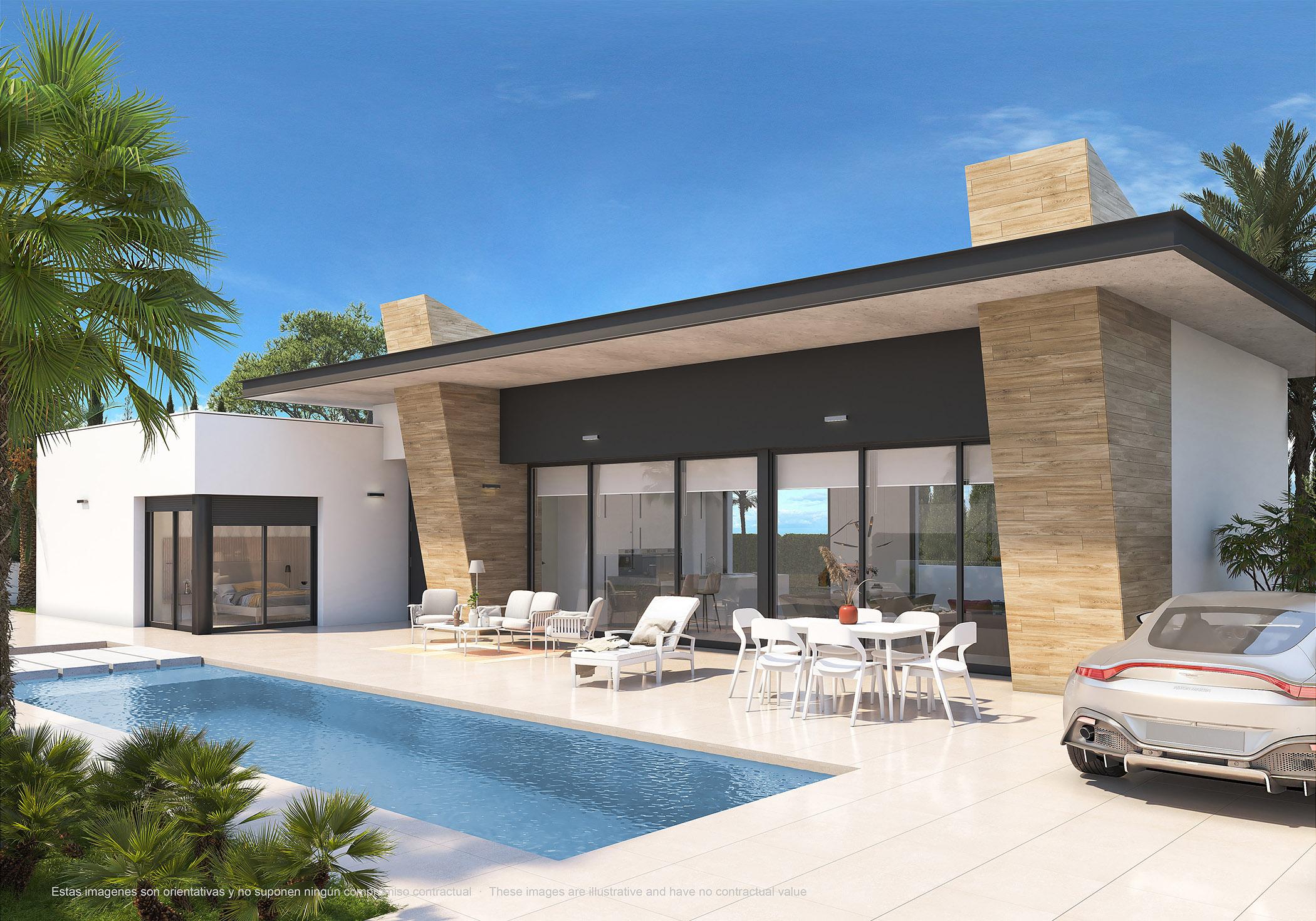 Private swimming pool and surrounding terrace area, new-build villa in La Marquesa, Rojales