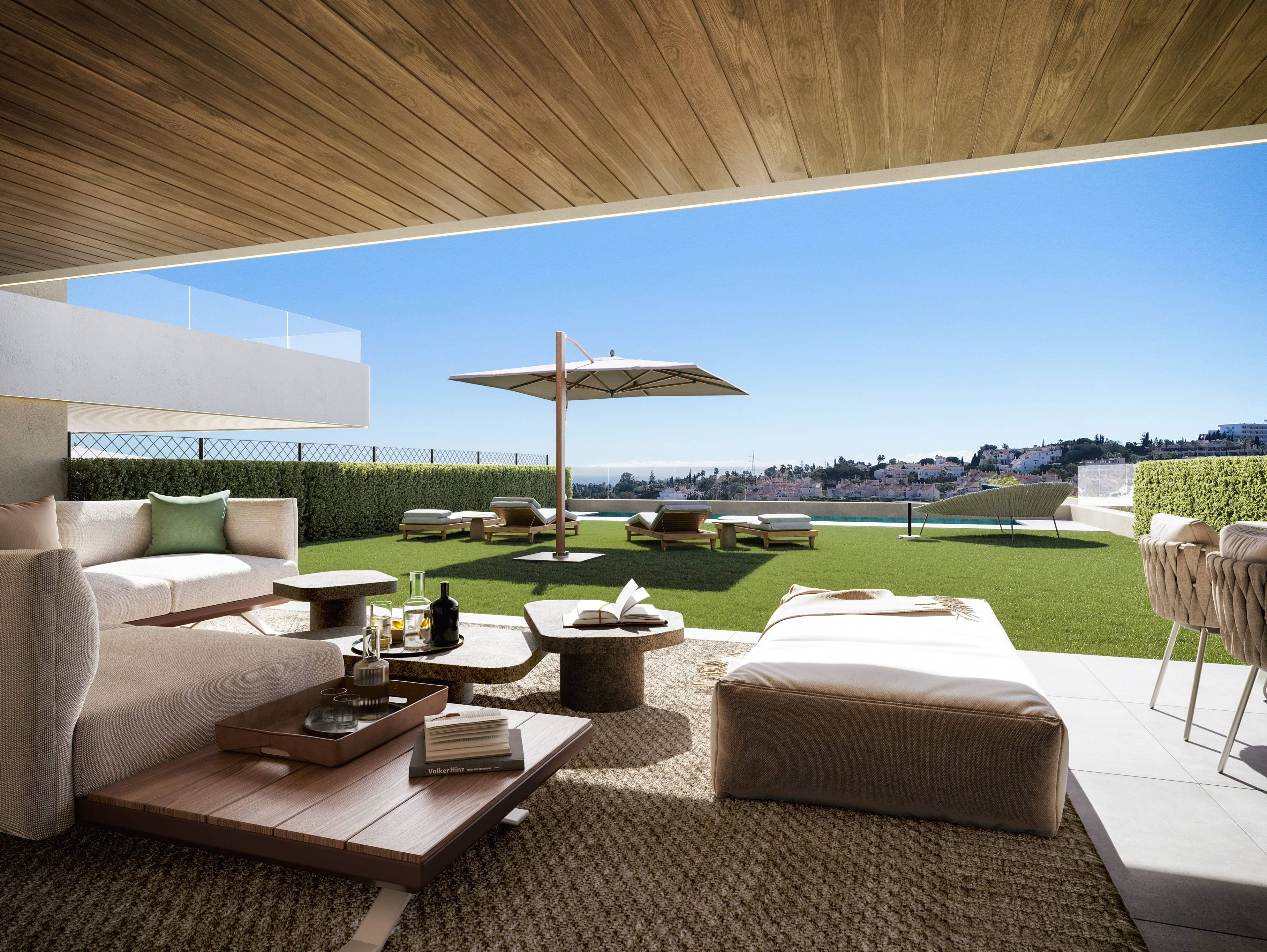 Communal pool viewed from above, new-build development, Estepona