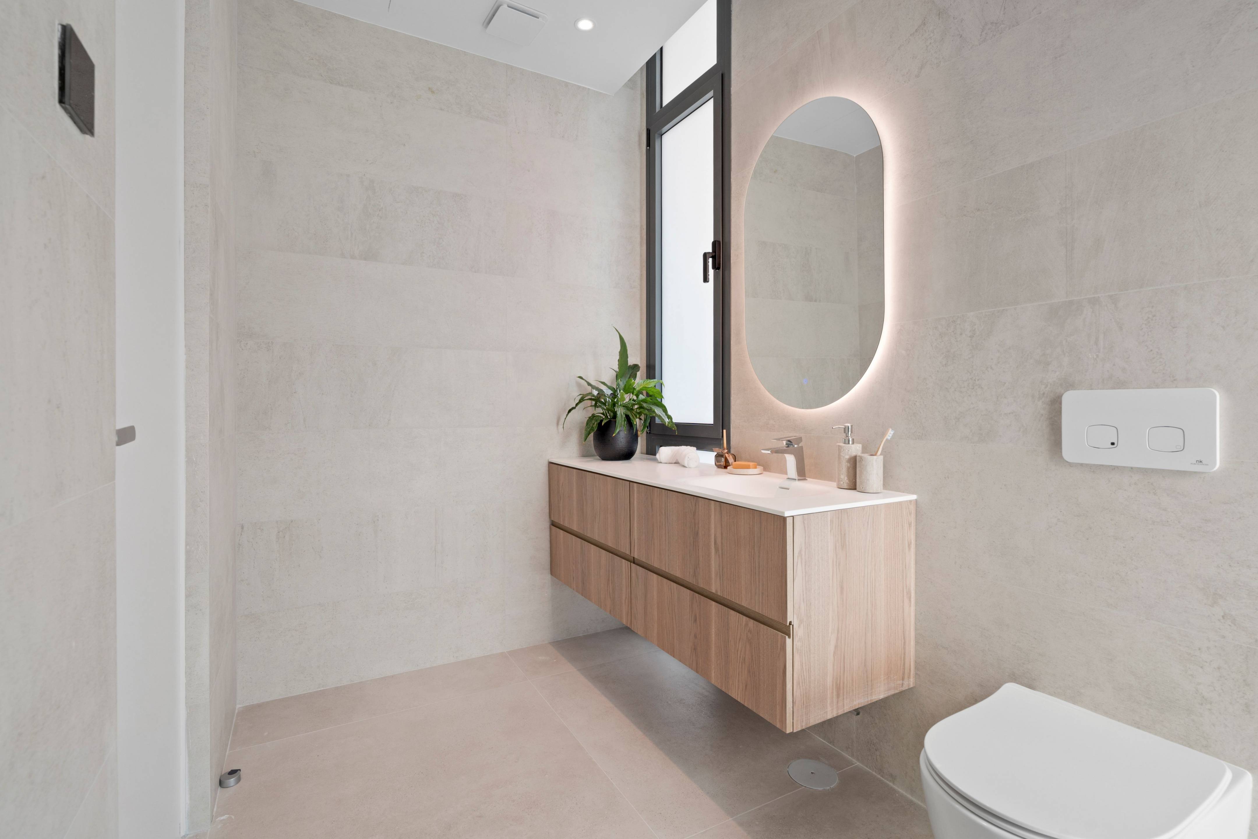 Walk-in shower room with floor-to-ceiling tiling, new-build villa, Rincón de Loix