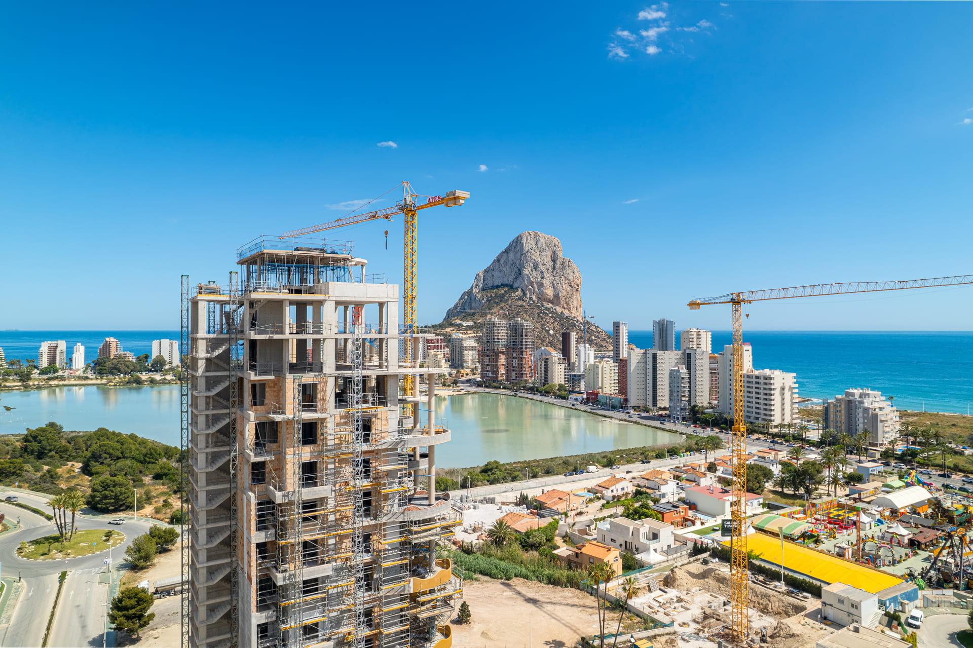 Coastal view towards the Peñón de Ifach from upper floor of new-build complex, Calpe Town