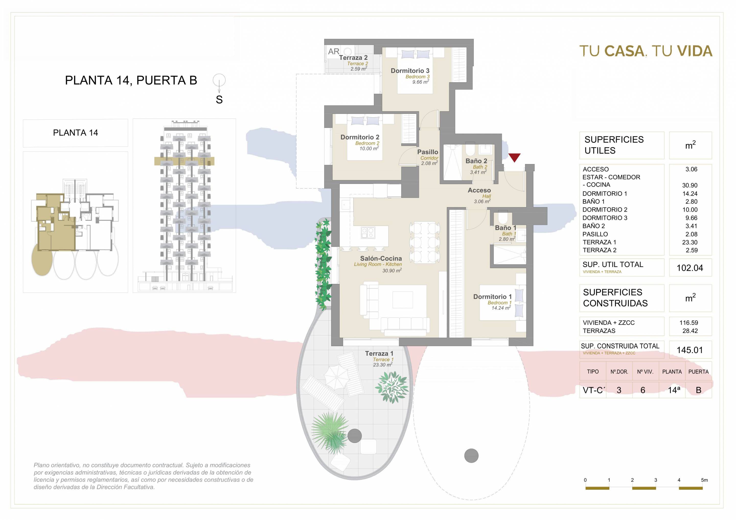 Floor plan of 3-bedroom apartment layout in new-build complex, Calpe Town