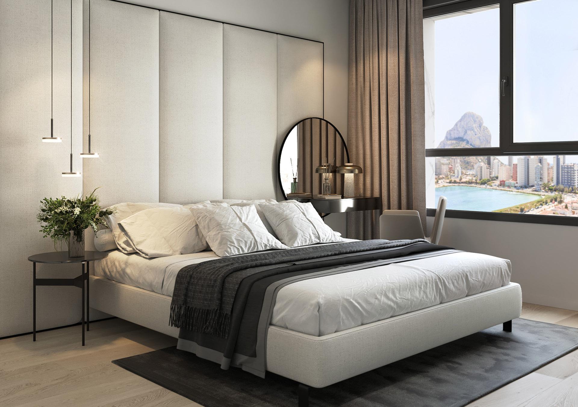 Open-plan kitchen and dining area with ceramic floor tiles in a 3-bedroom new-build apartment, Calpe Town