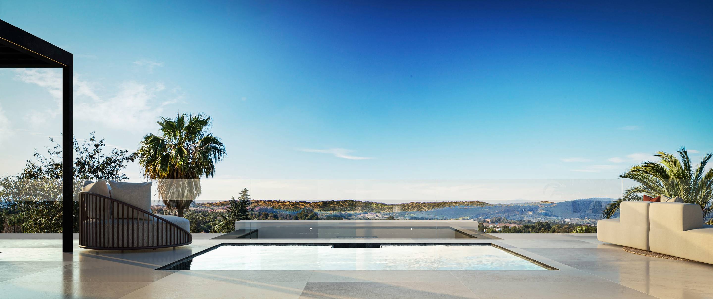 Evening exterior of new-build villa in Whater Gardens, Estepona