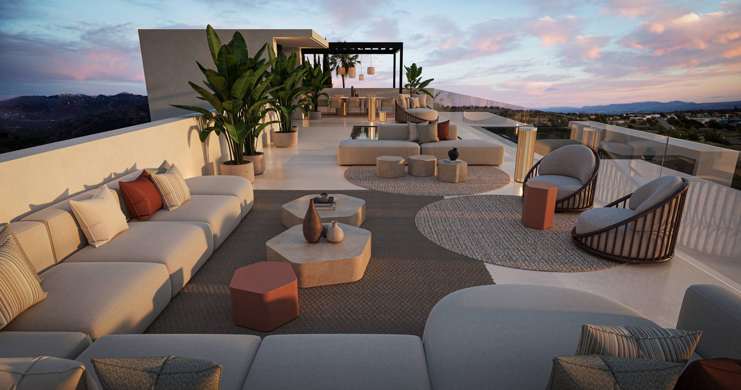 Pool terrace at dusk, new-build villa in Whater Gardens