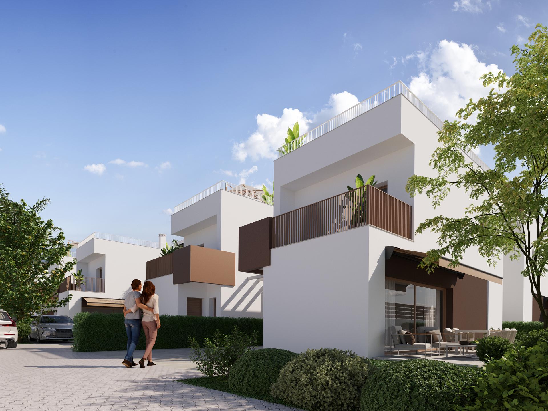Rear terrace and garden on 243 m2 plot of new-build villa, El Pinet, La Marina