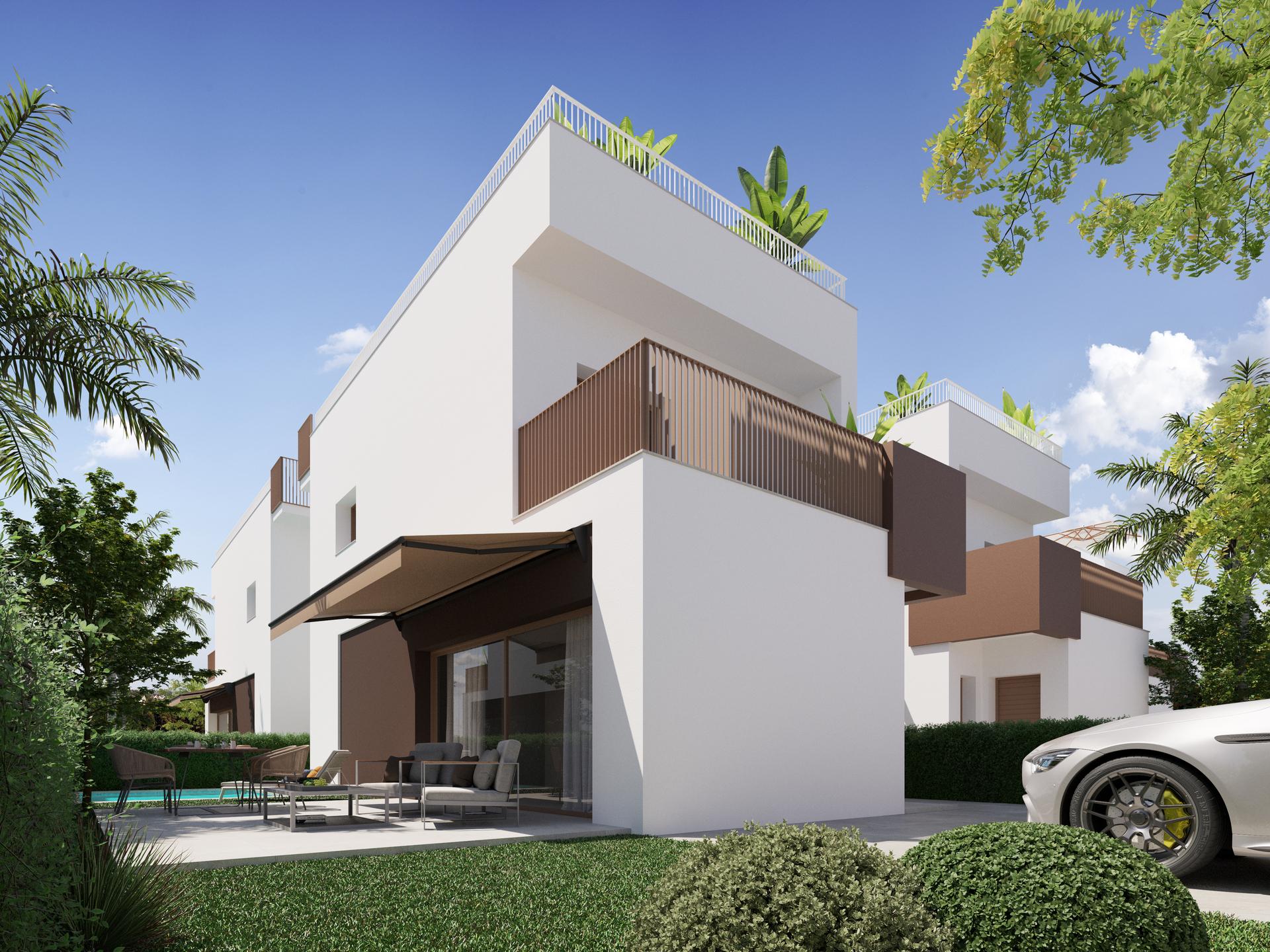 Street frontage and surrounding neighbourhood of new-build villa in El Pinet, La Marina