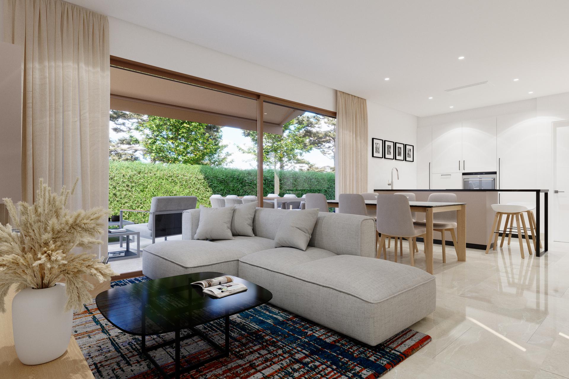 Open-plan kitchen and dining area in 3-bedroom new-build villa, El Pinet, La Marina