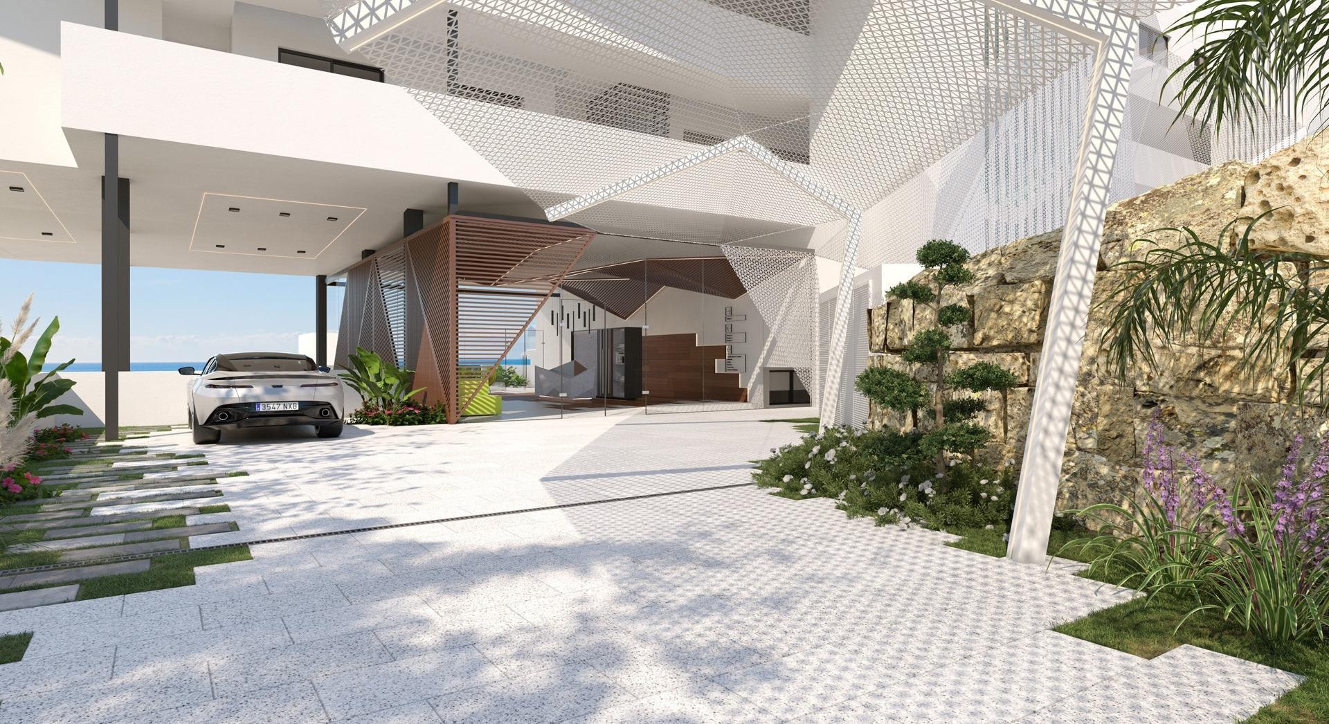 Evening exterior view of new-build residential complex, Carvajal, Fuengirola