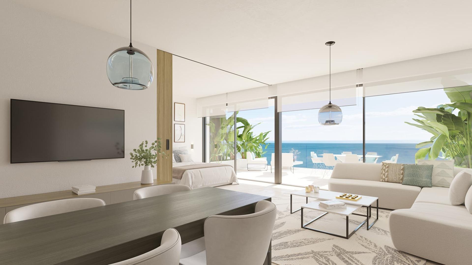 Communal pool area of new-build residential complex, Carvajal, Fuengirola
