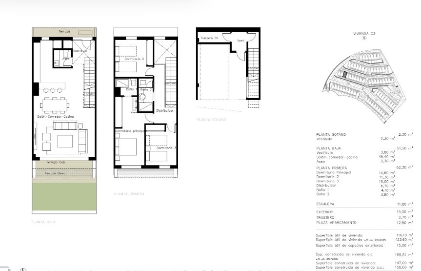 Floor plan of 3-bedroom townhouse in La Cala de Mijas