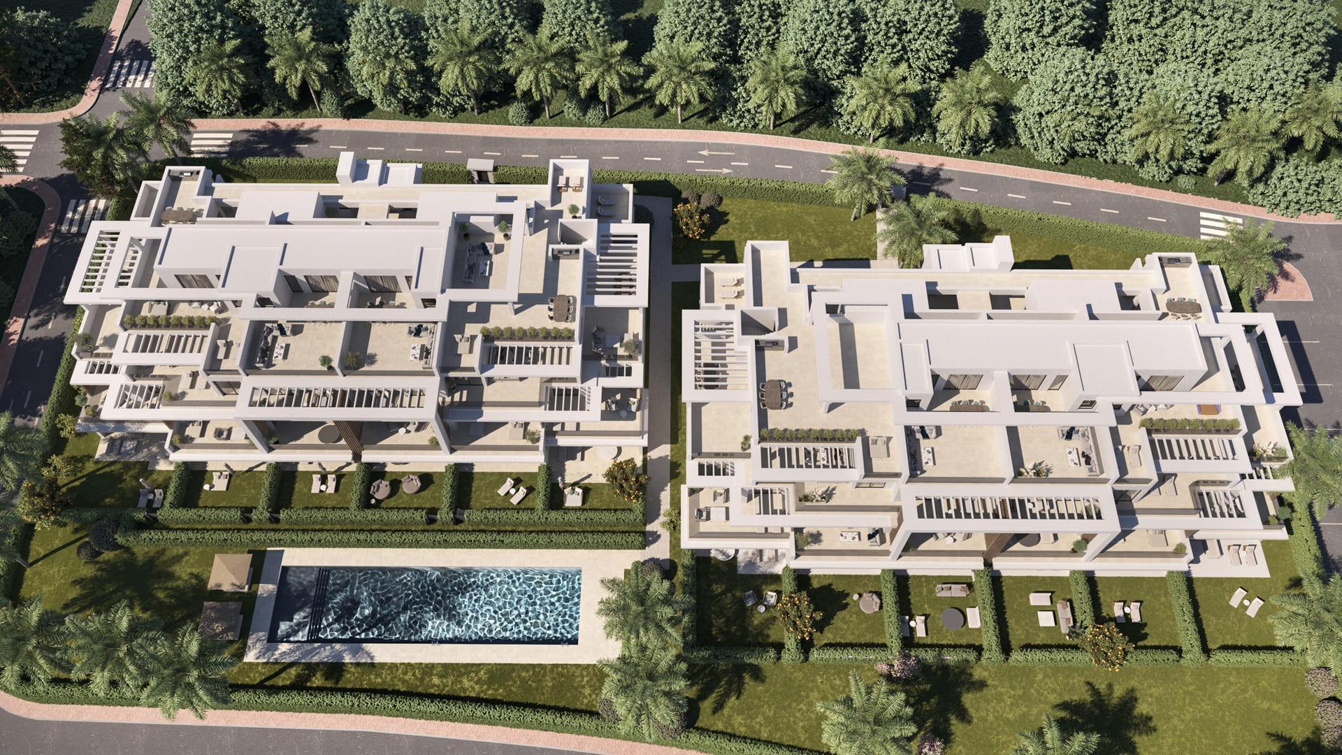 Evening render of new-build apartment building exterior, Sotoserena, Estepona