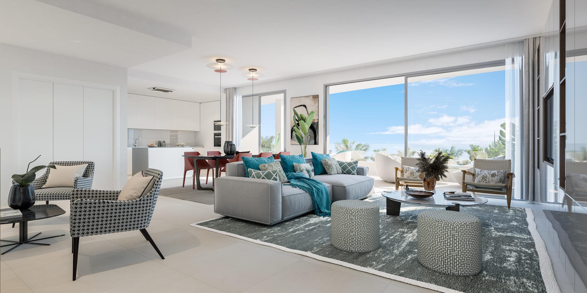 Communal pool and surrounding terrace at new-build development, Guadalmina Alta, Marbella