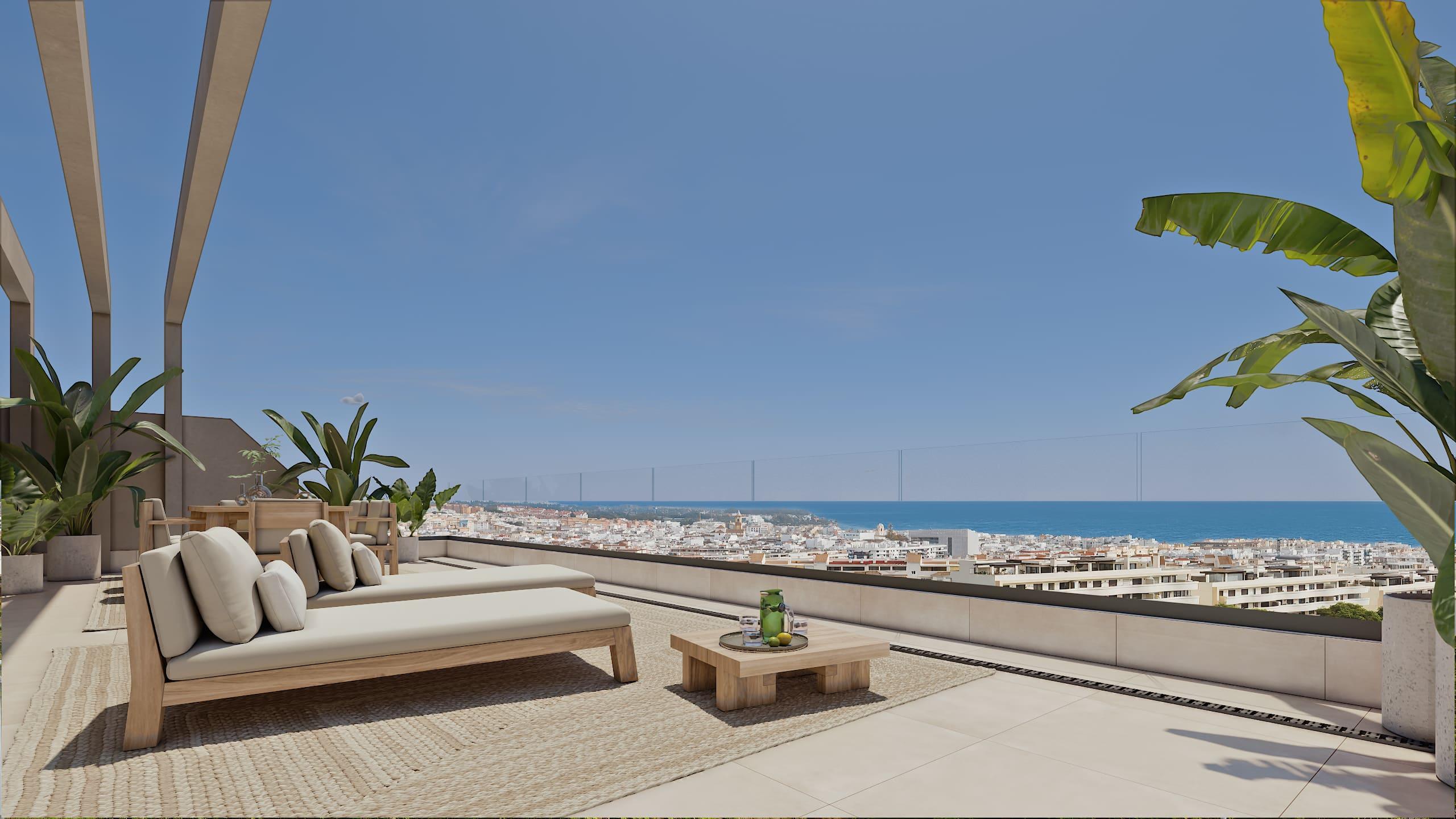 Landscaped communal gardens with seating in new-build development, Las Mesas, Estepona